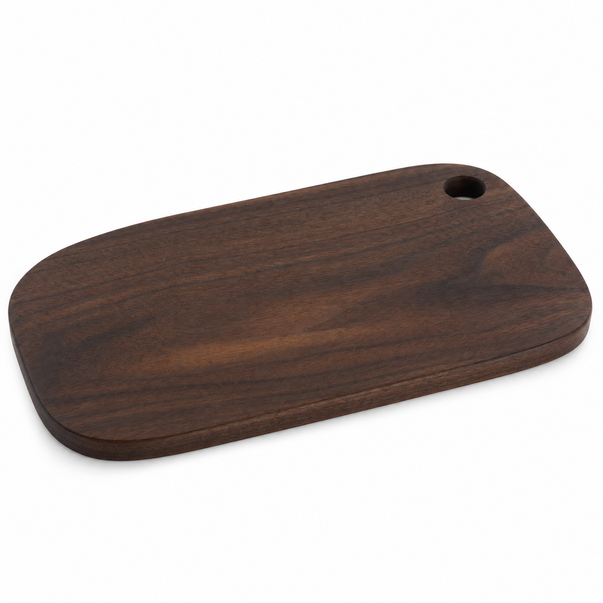 Black walnut serving board with rich grain and corner hanging hole