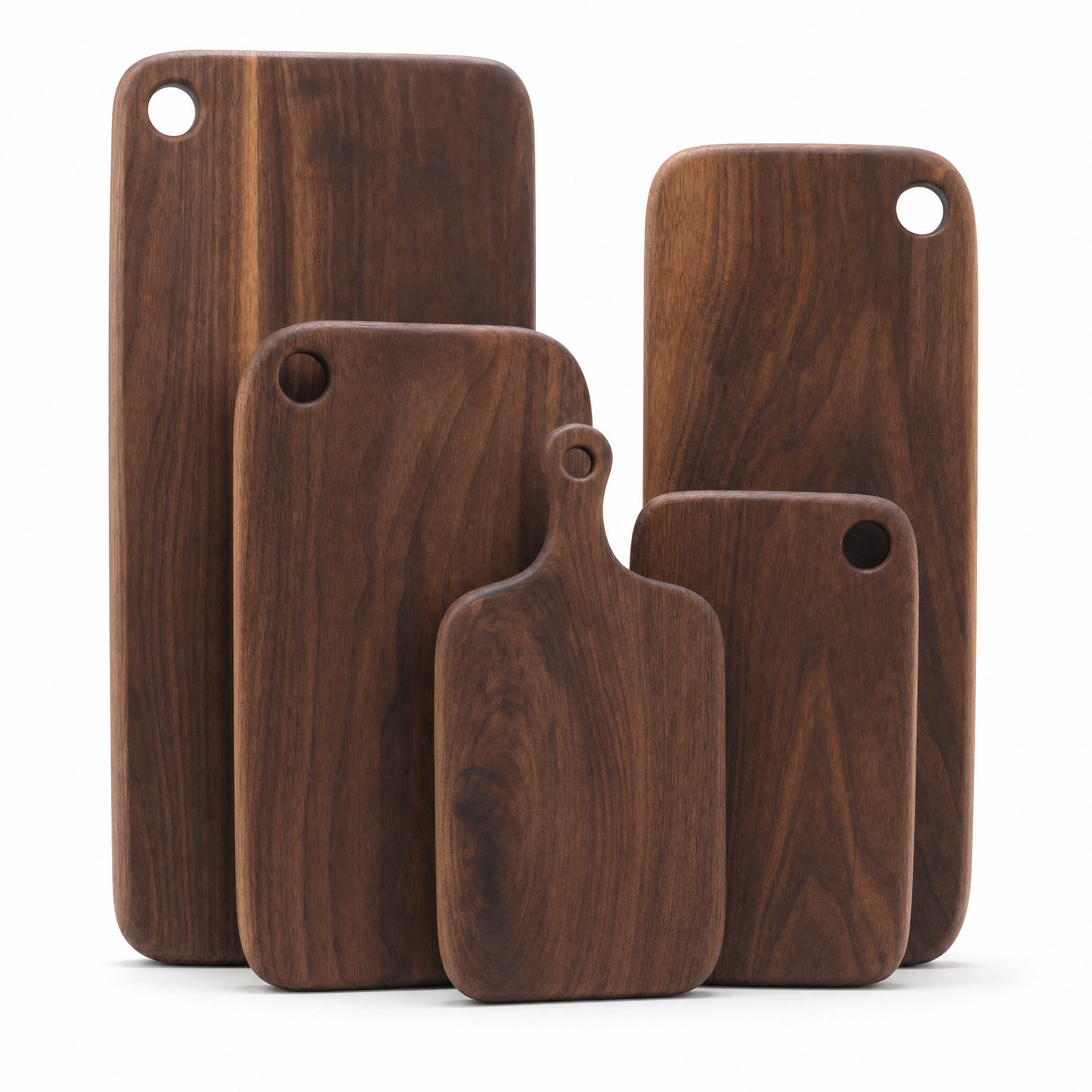 All five sizes of the black walnut serving board