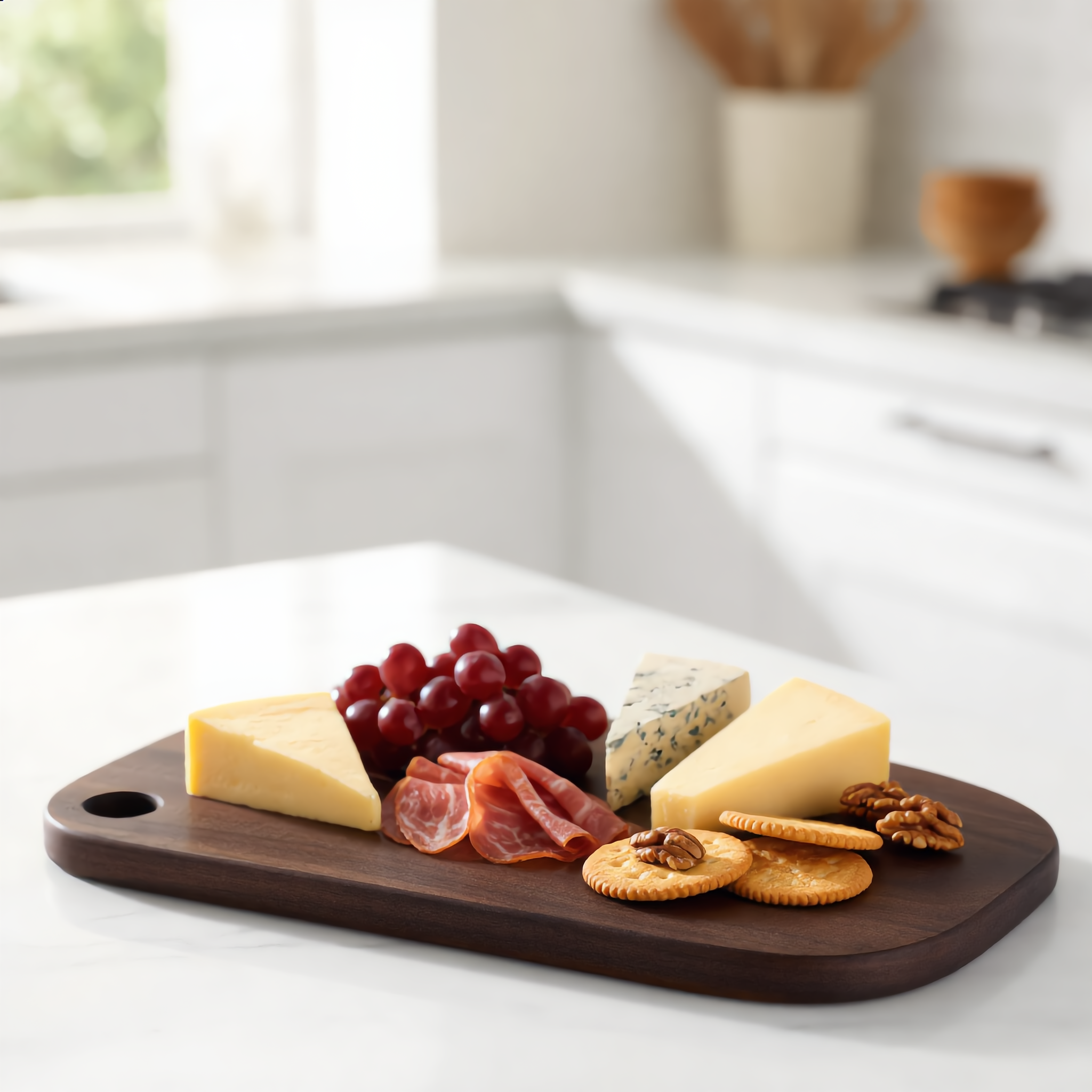 Walnut board styled as a charcuterie board with cheese and grapes