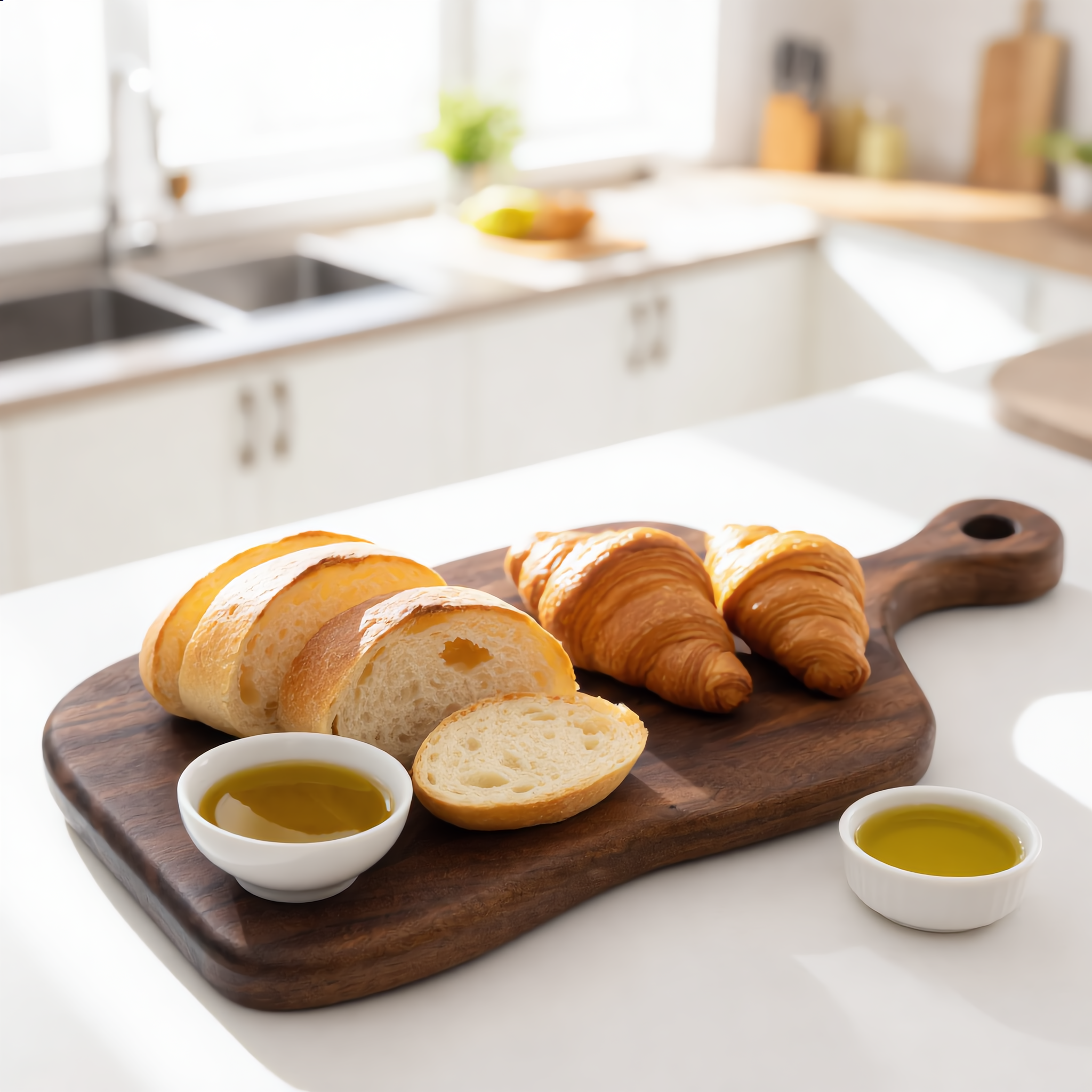 Walnut paddle board with artisan bread and croissants