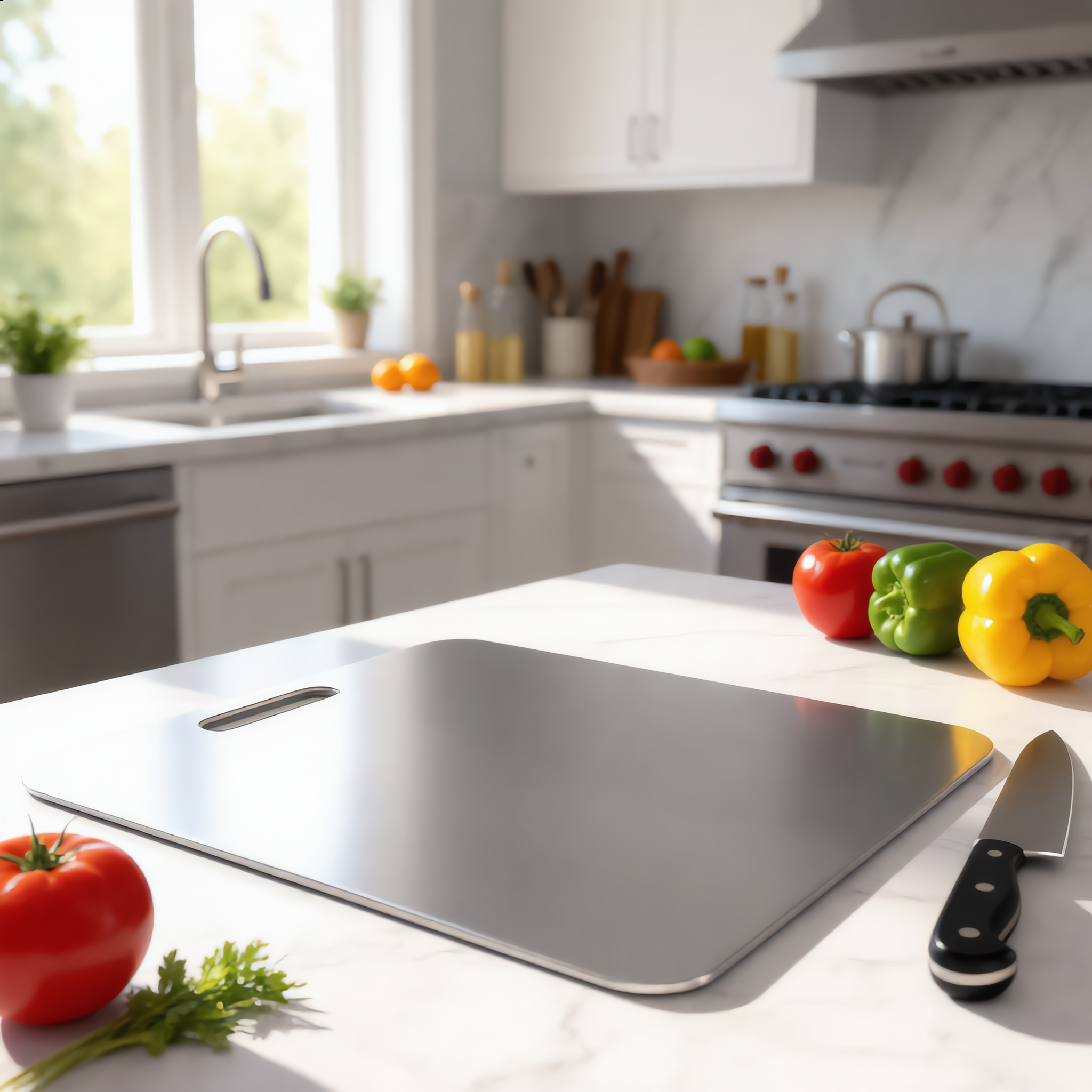 Steel cutting board on a marble counter with fresh vegetables