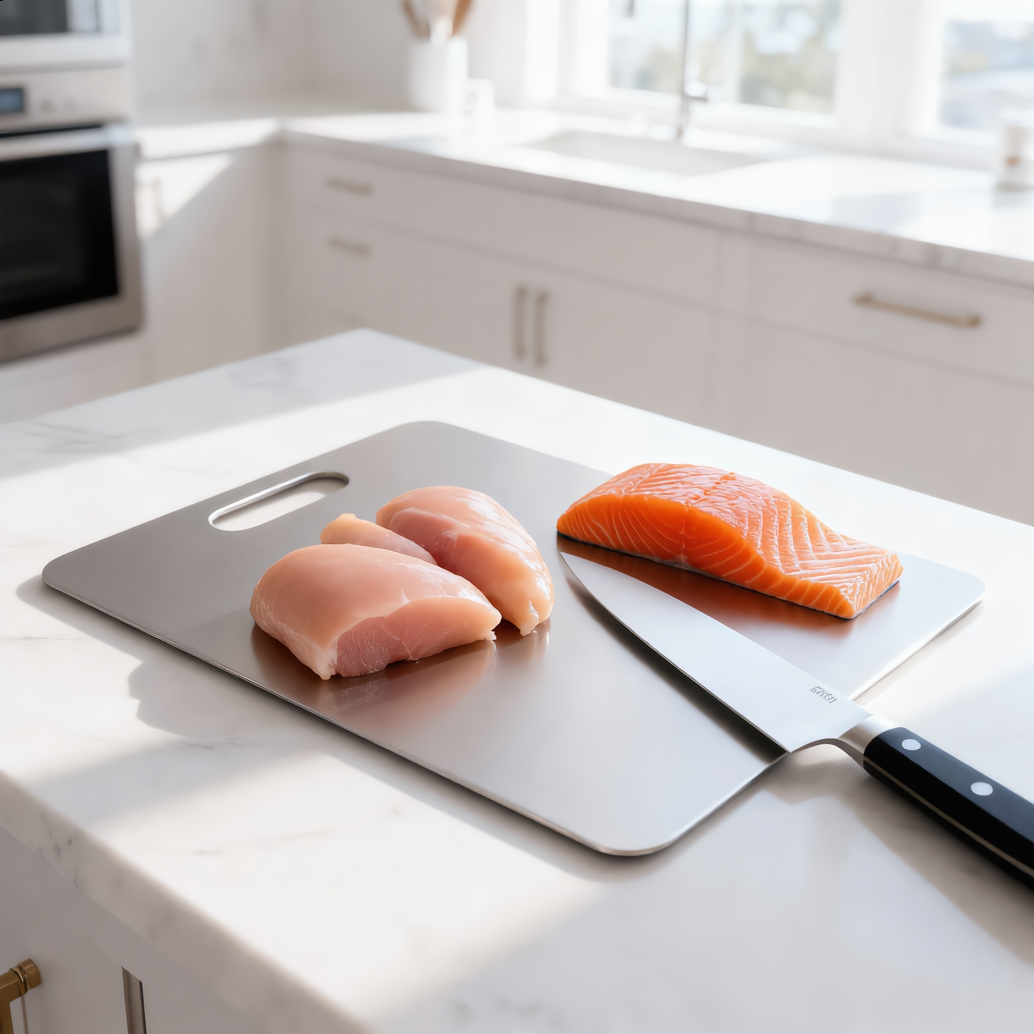 Raw chicken and salmon on the hygienic steel board with a knife