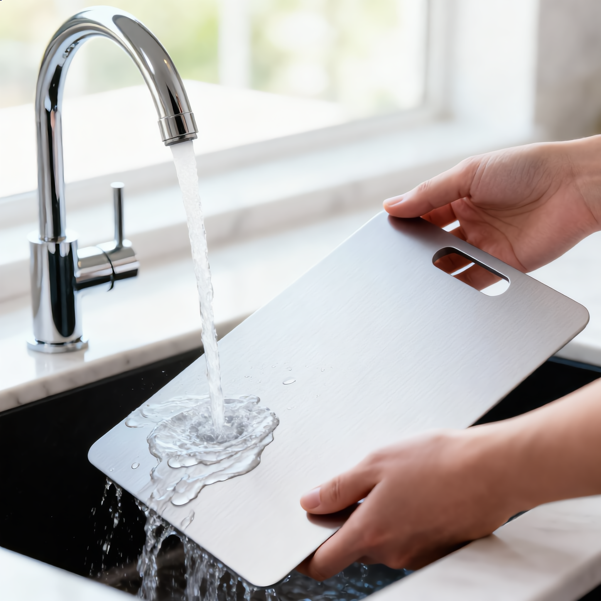 Rinsing the steel cutting board clean under a tap