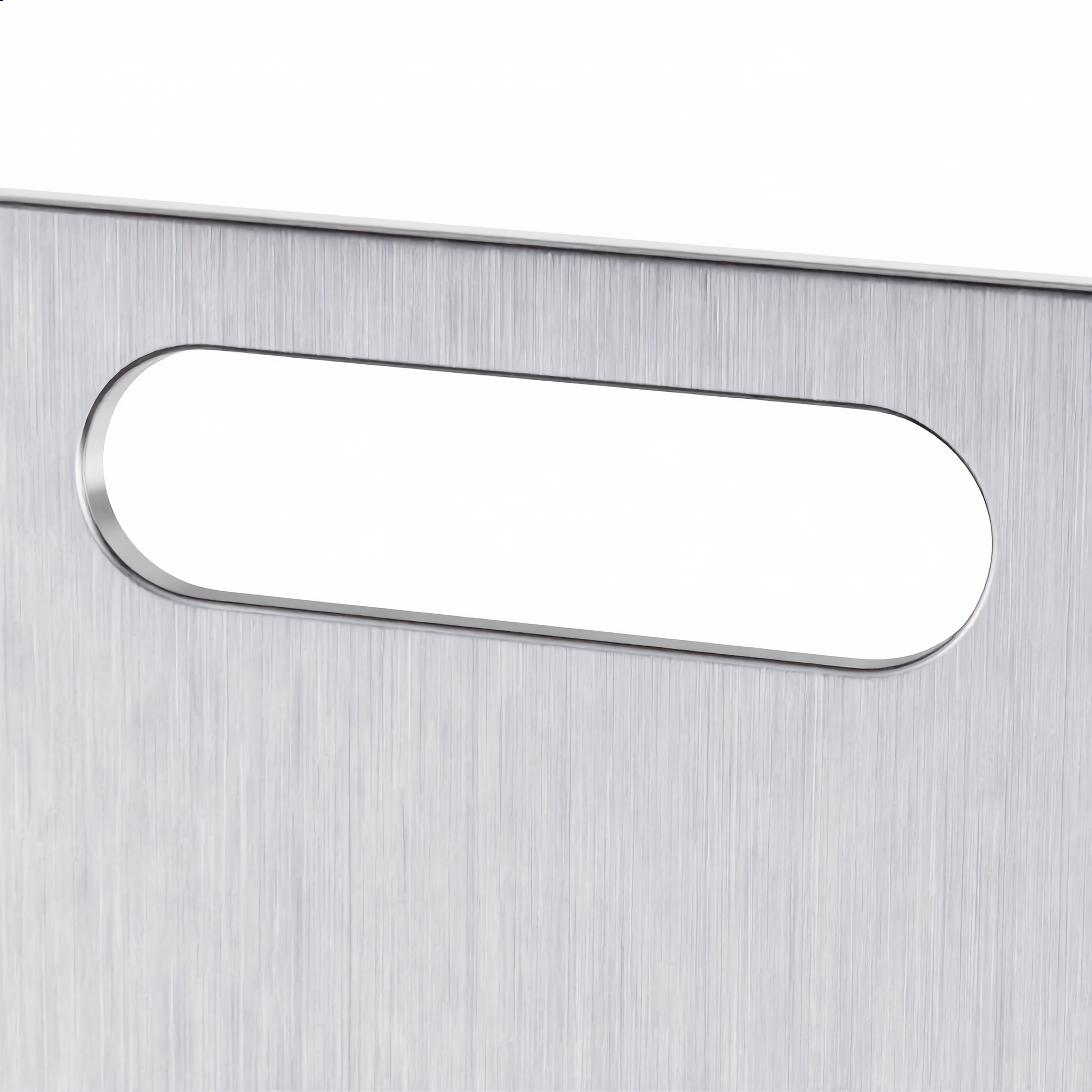 Close-up of the oval hanging slot in the brushed steel