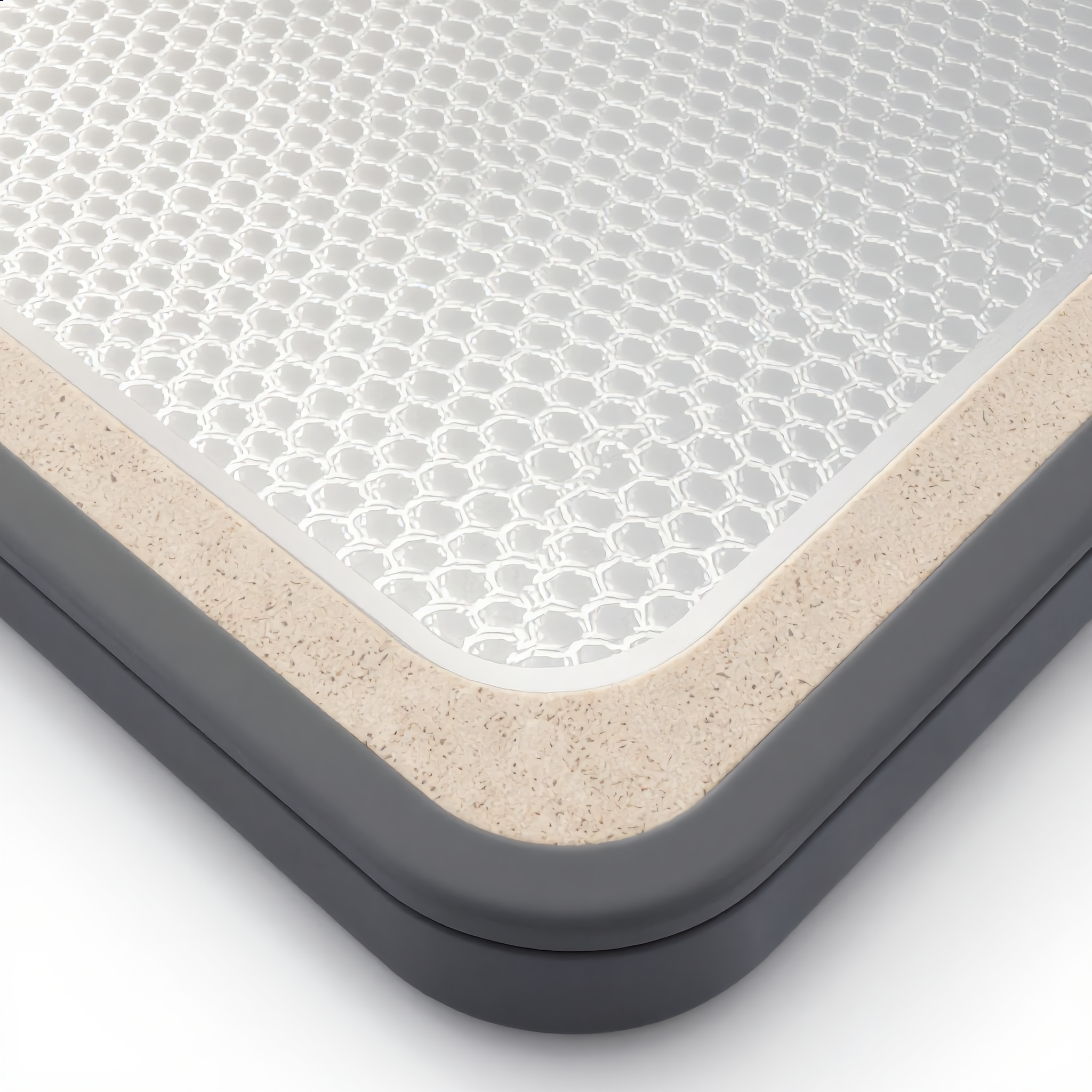 Close-up of the silver diamond mesh anti-scratch texture