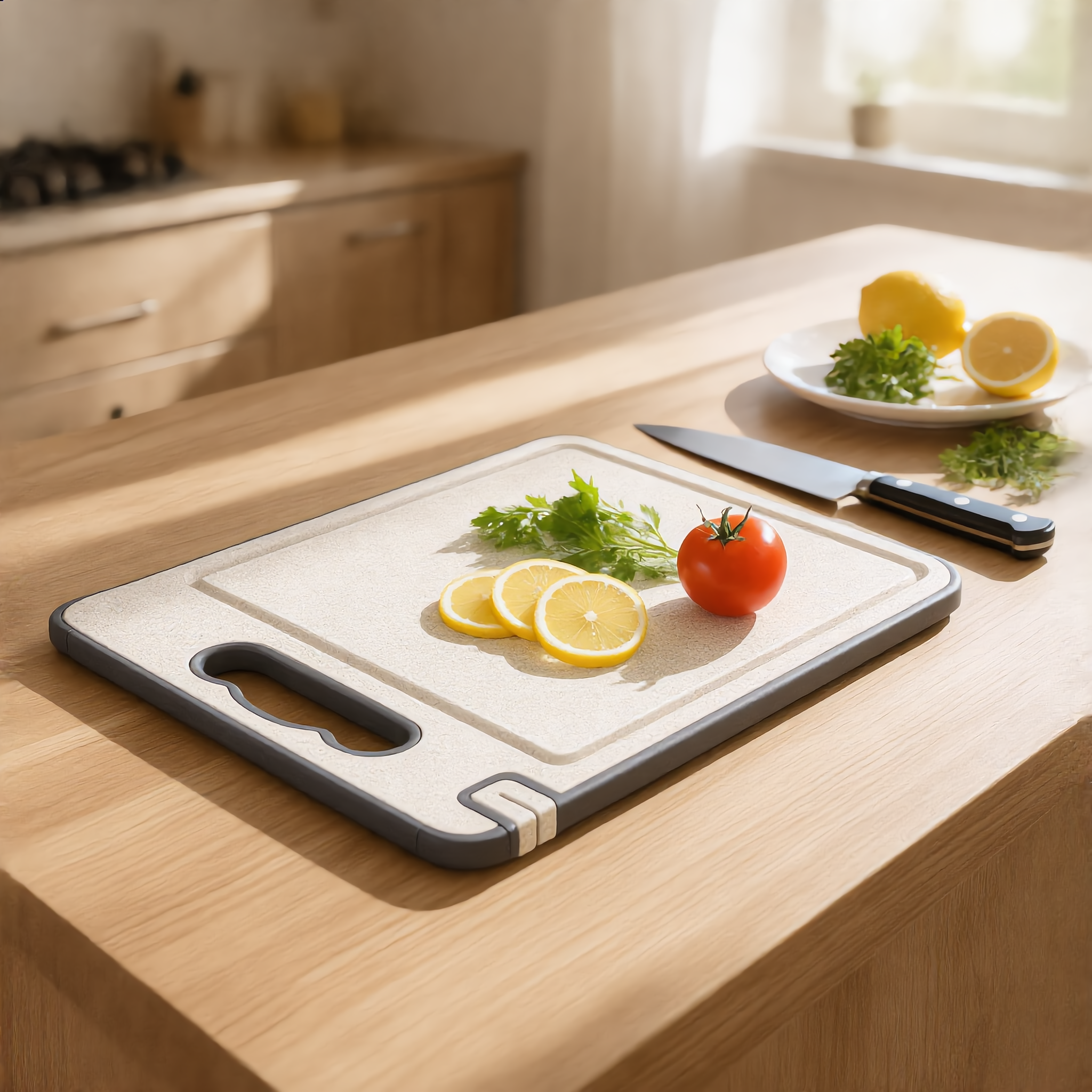 Cream side with lemon slices and tomatoes on a wood counter