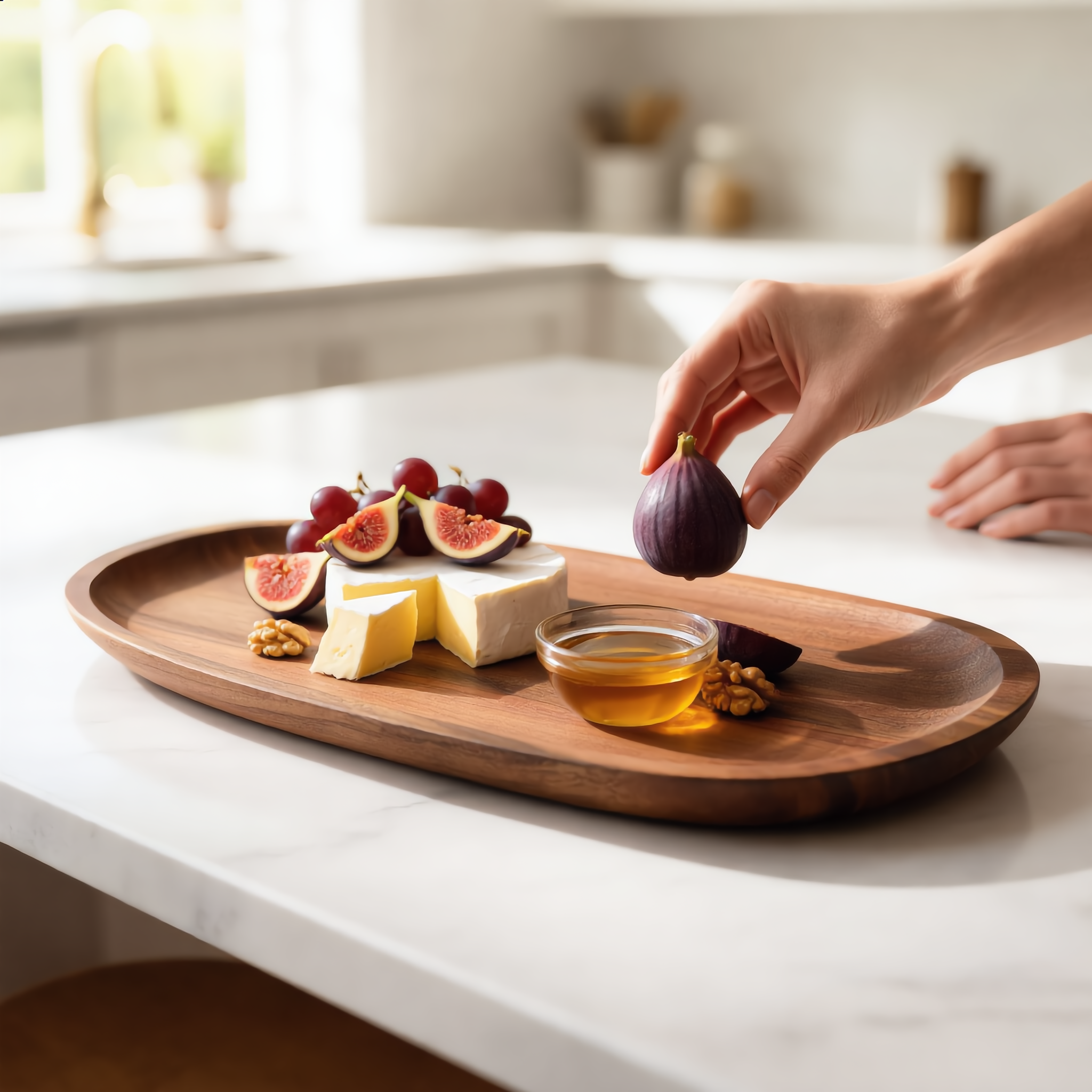 Cheese and fruit board on the large acacia oval tray