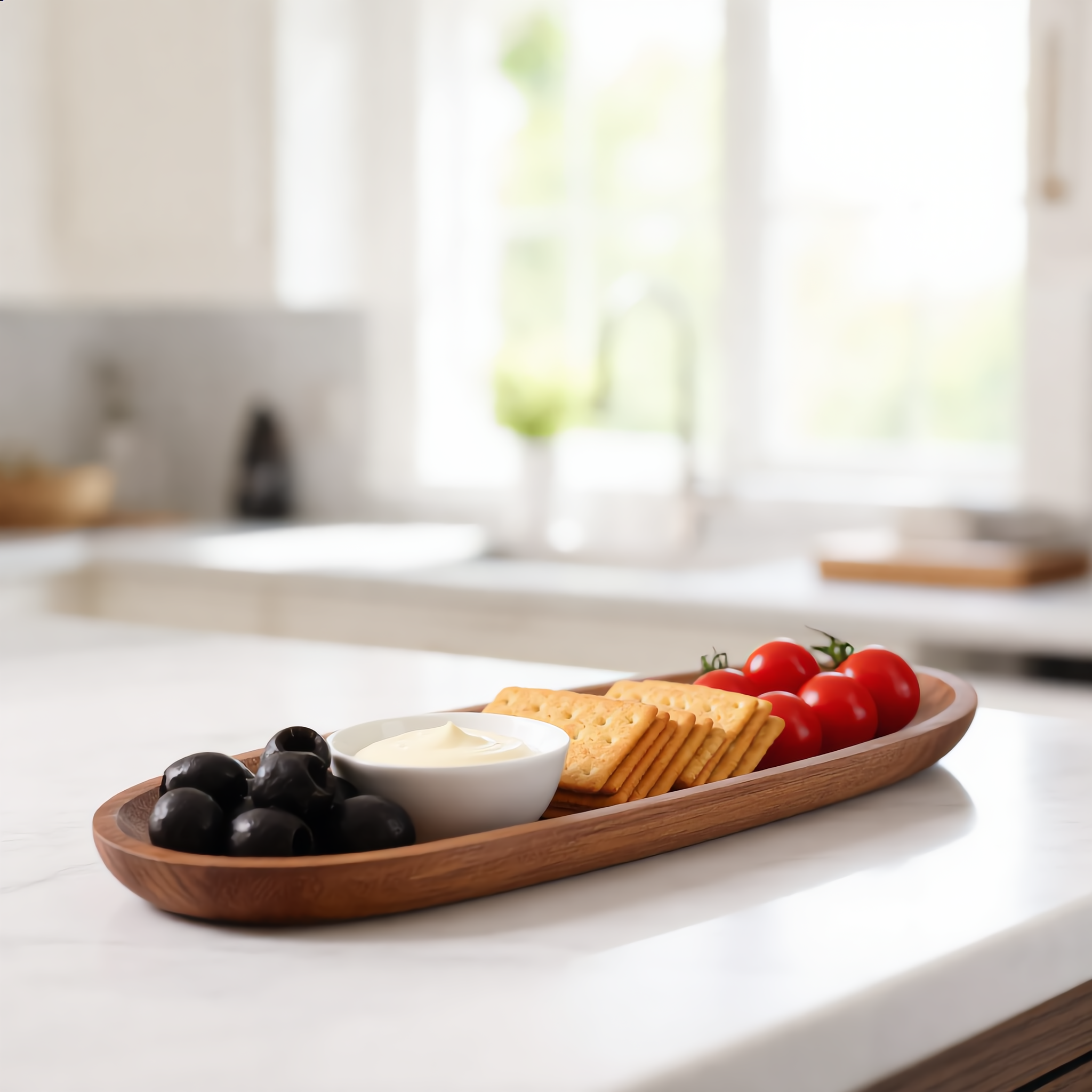 Appetizers arranged on the narrow acacia tray