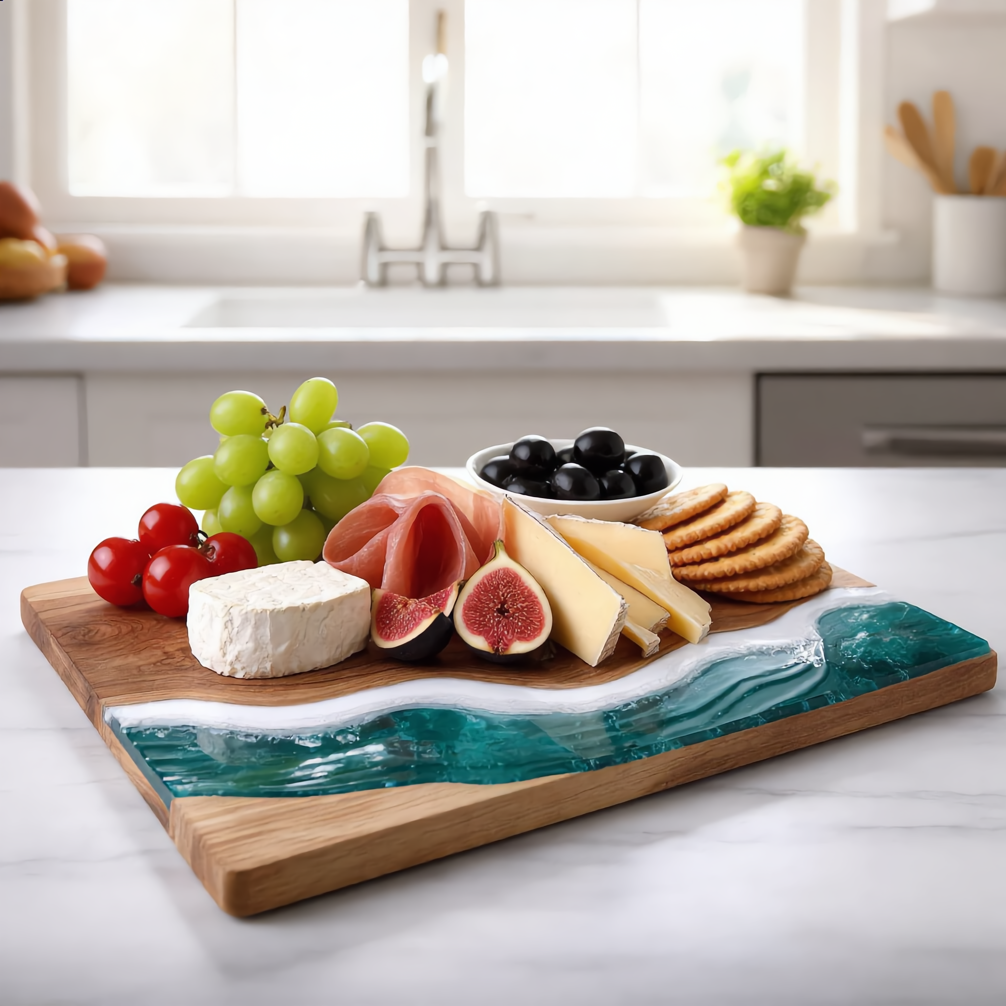 Ocean resin board styled as a charcuterie board with cheese and figs