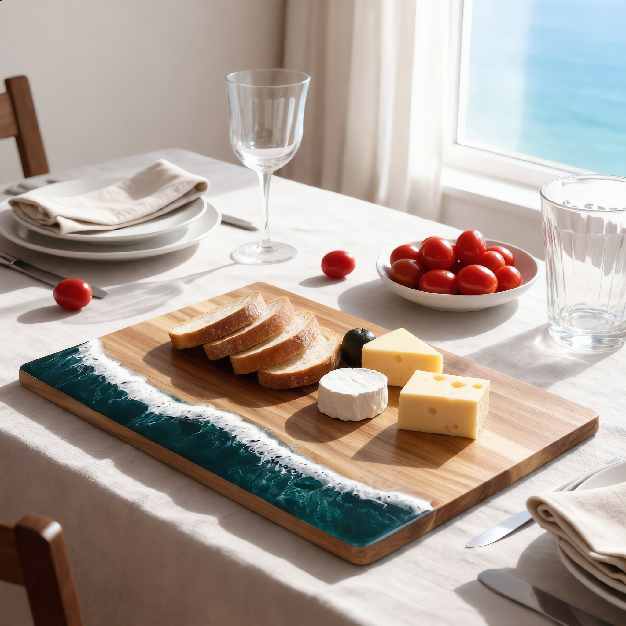 Ocean resin board as a dinner table centerpiece with bread and cheese