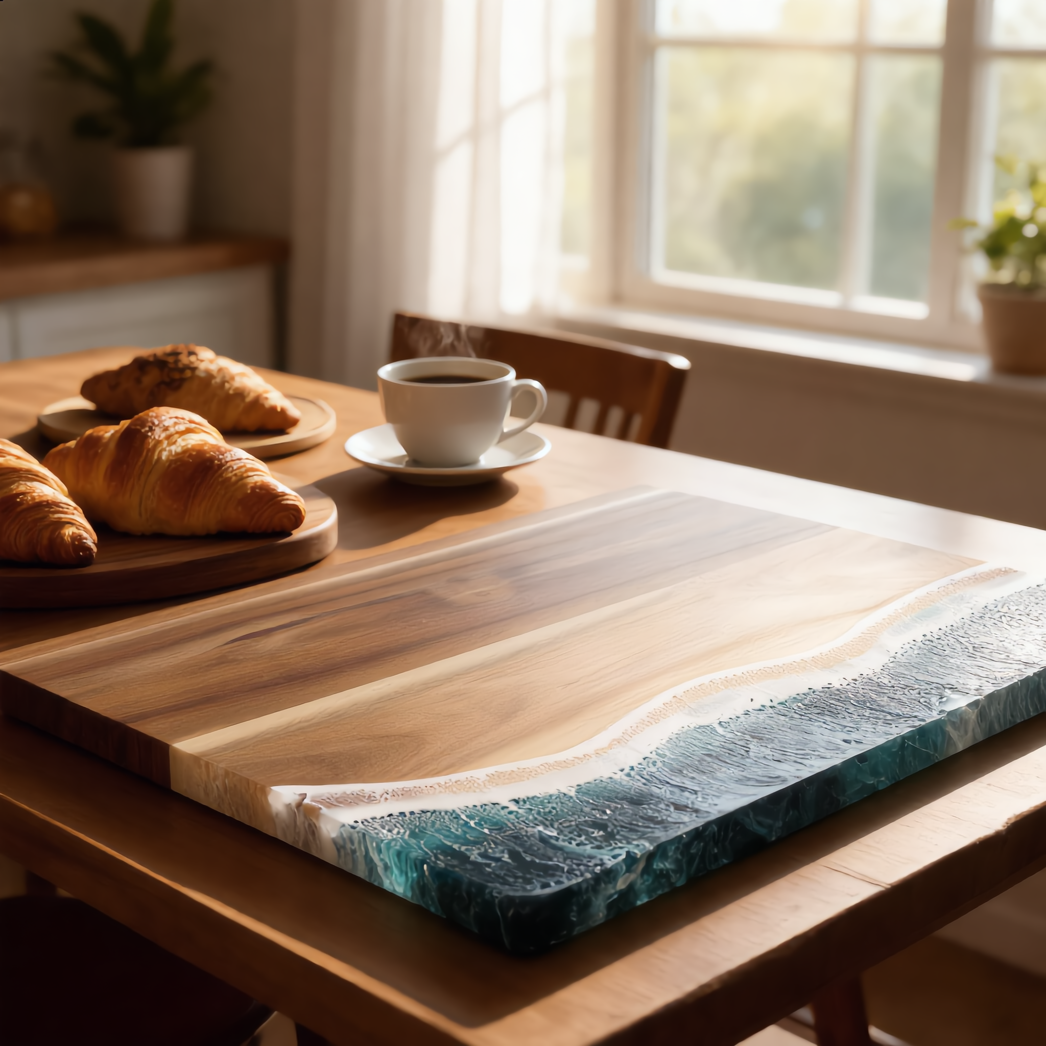 Ocean resin board with croissants and coffee on a breakfast table