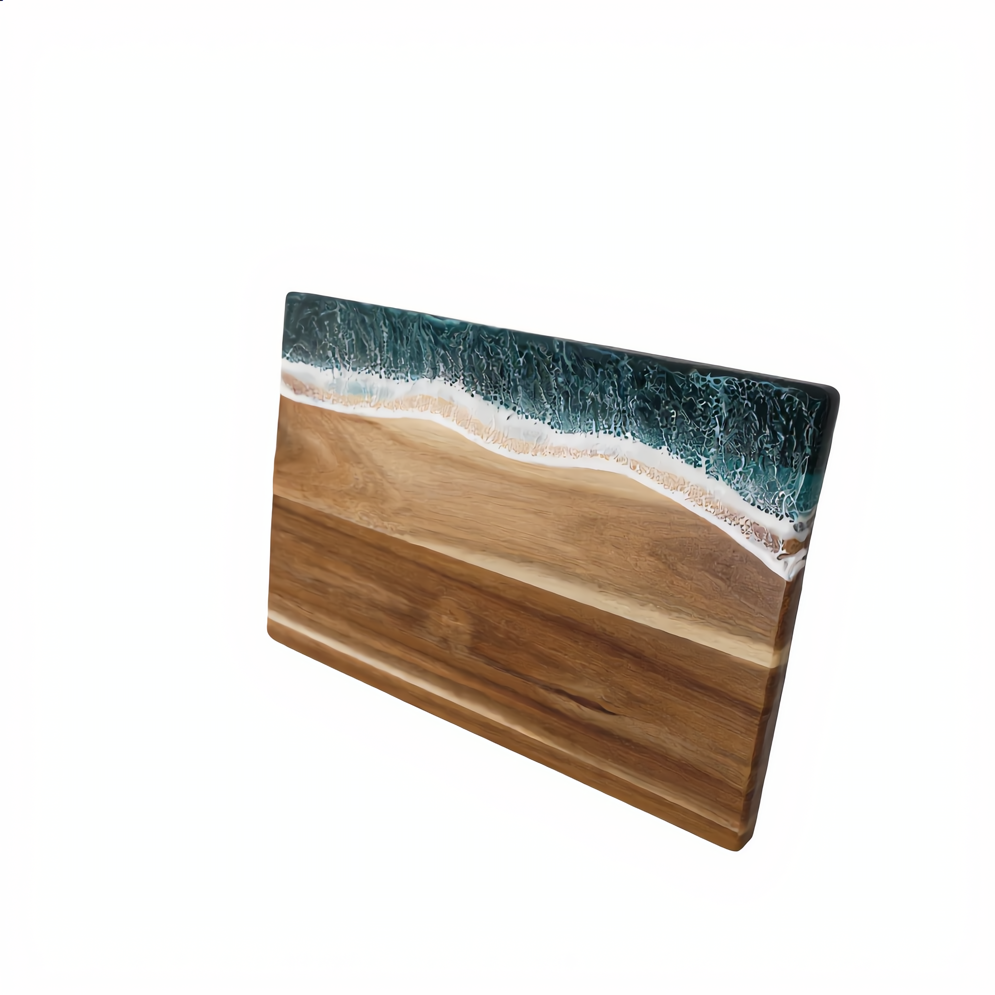 Acacia ocean resin serving board at an angle showing the edge