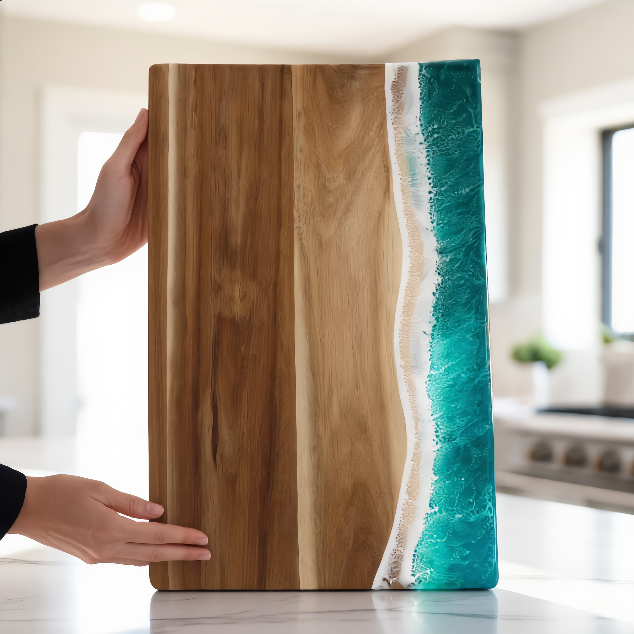Woman holding the acacia ocean resin serving board in a bright kitchen