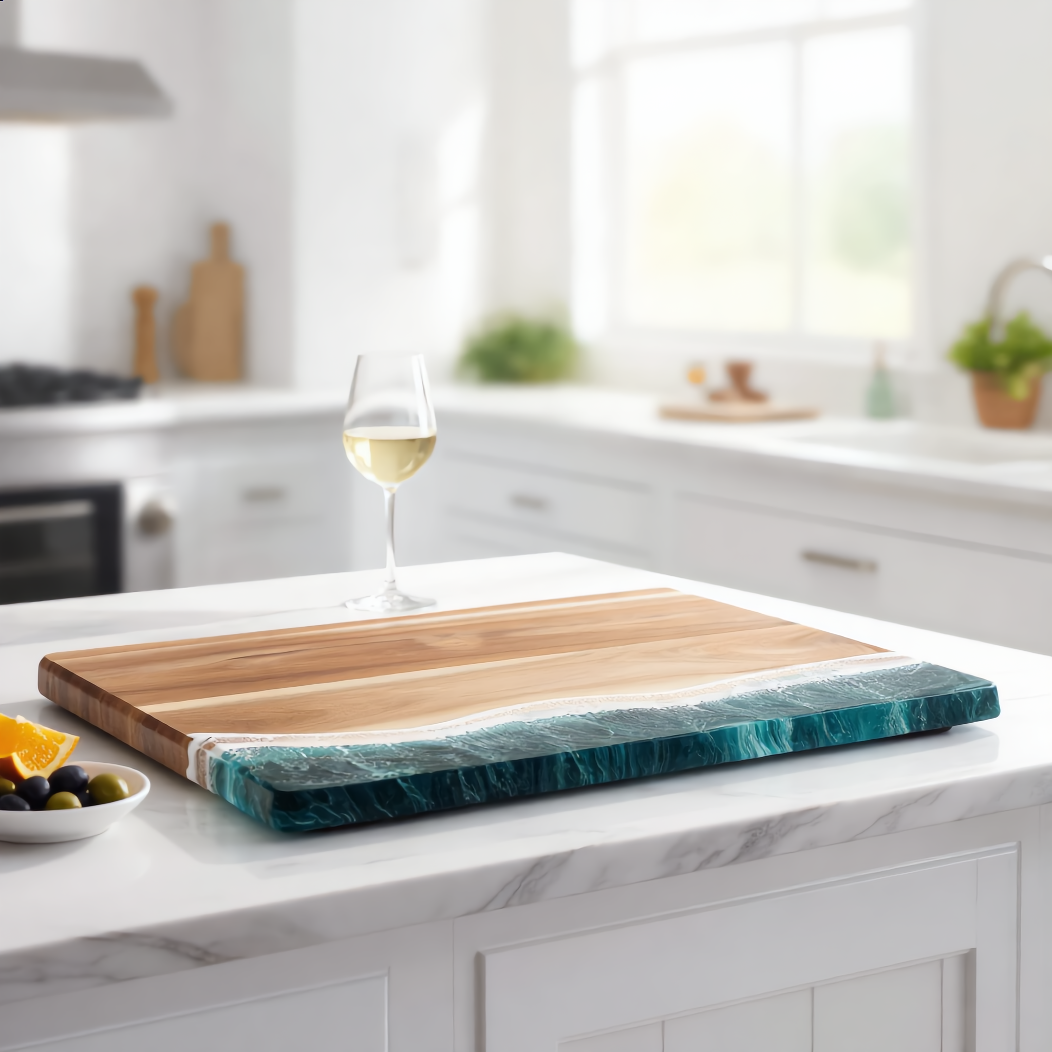 Ocean resin board on a marble island with white wine and olives