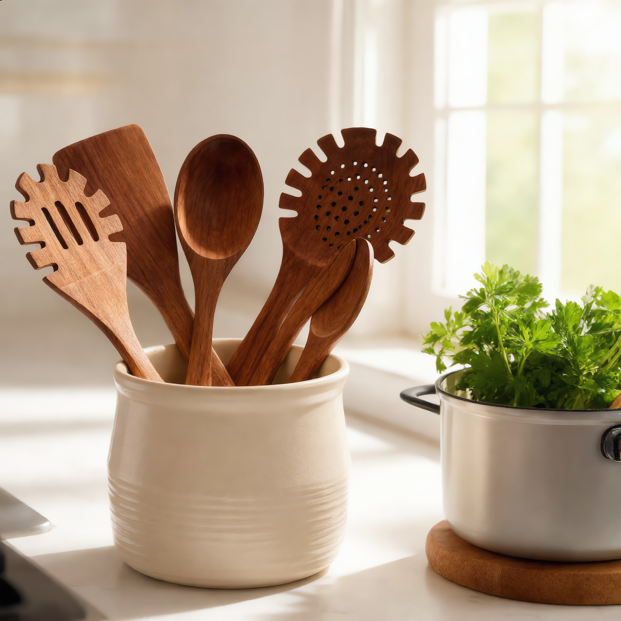 Teak utensils in a ceramic crock by a sunlit window