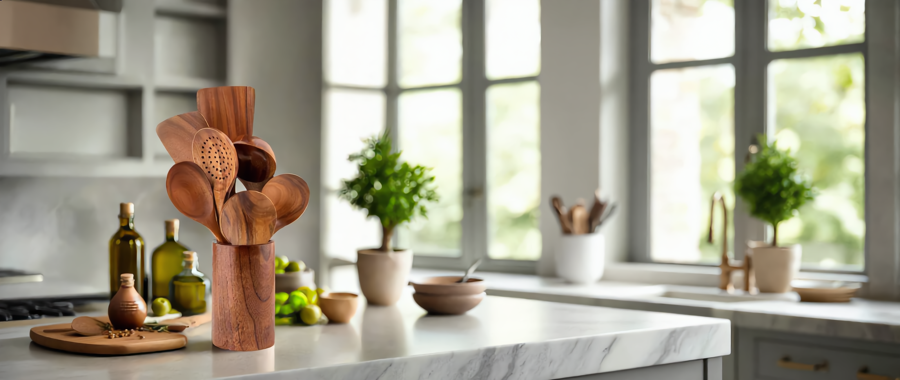 Teak kitchen utensils in their holder in a bright Tuscan kitchen