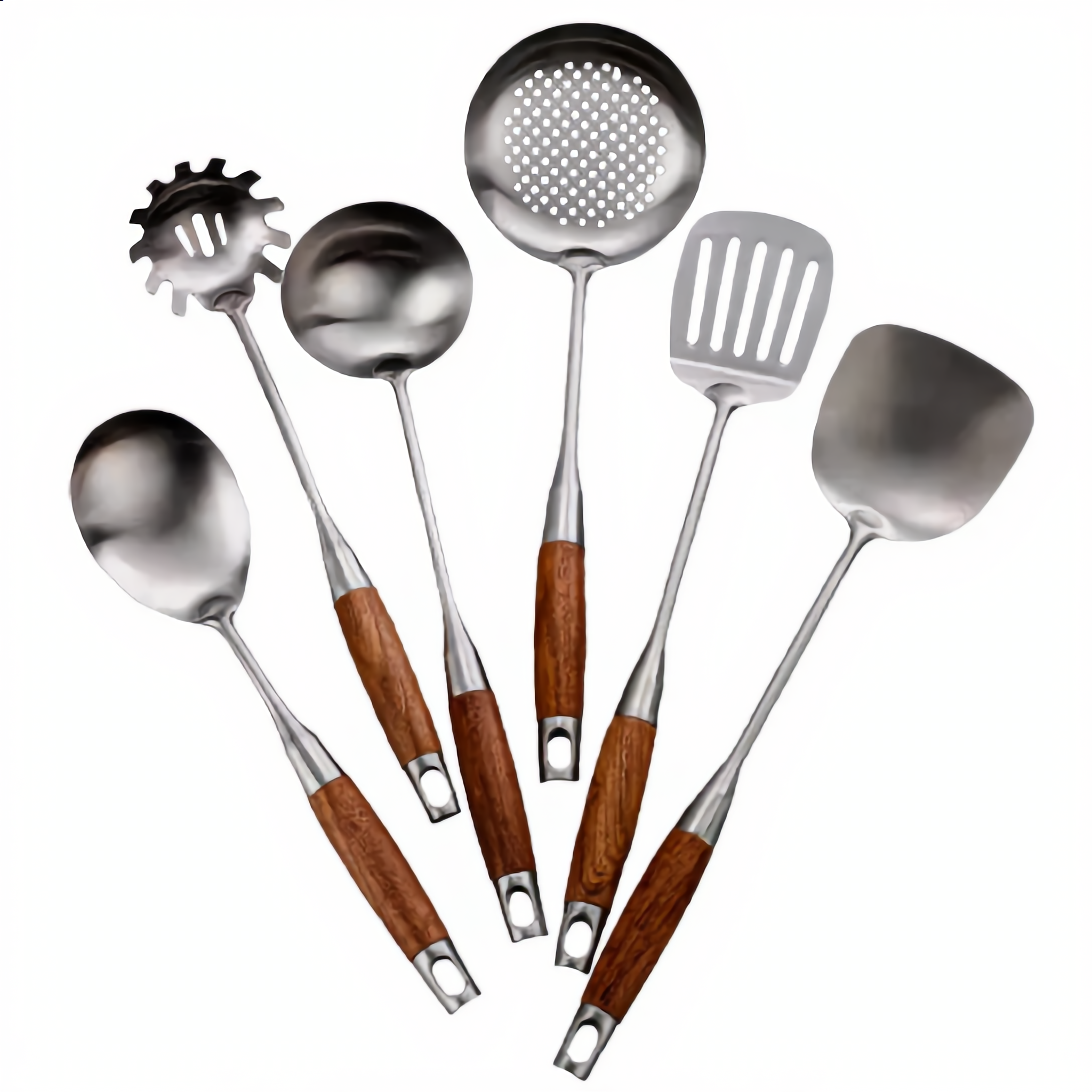 Steel and wood utensil set fanned showing all six pieces