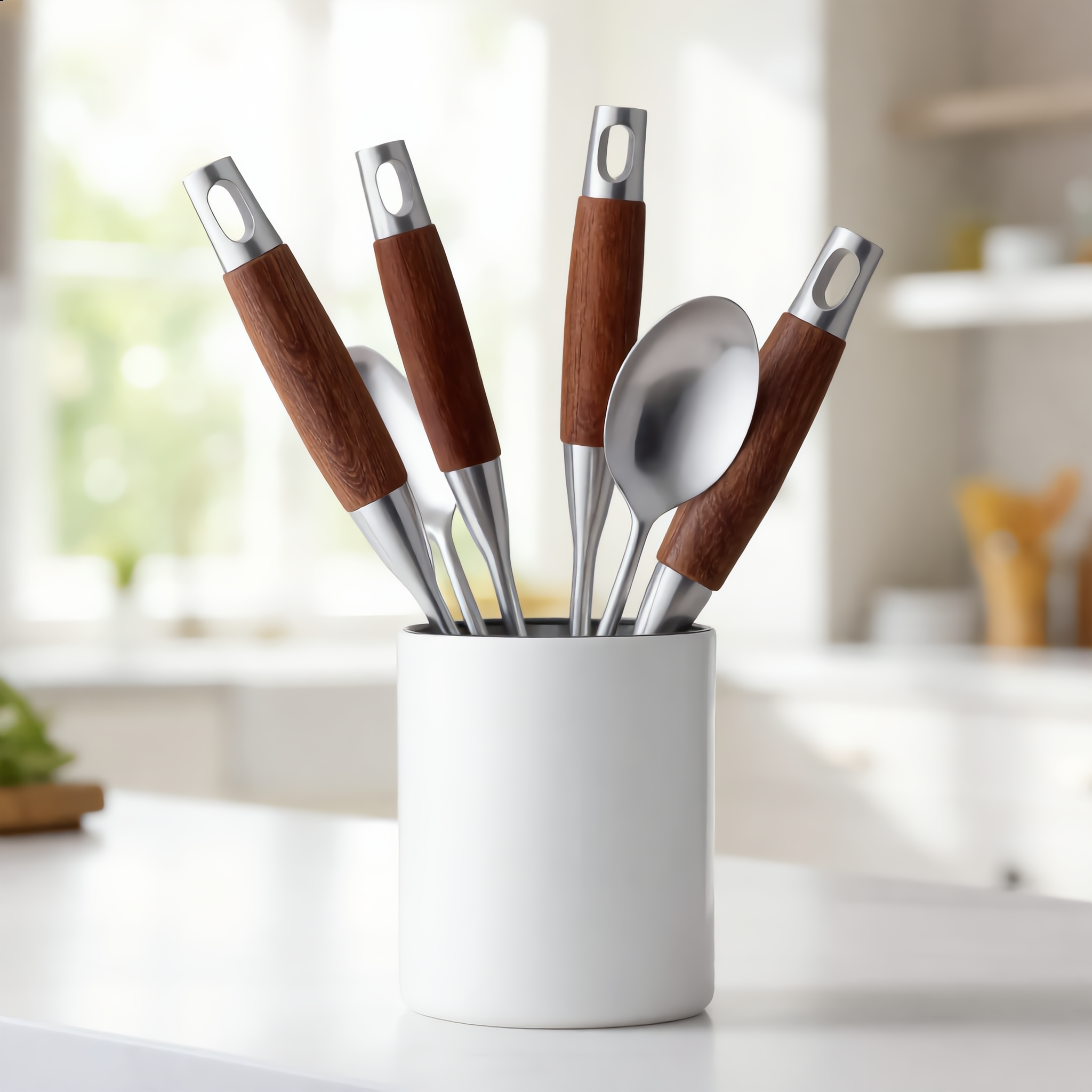 Steel and wood utensils in a ceramic crock on a bright marble counter