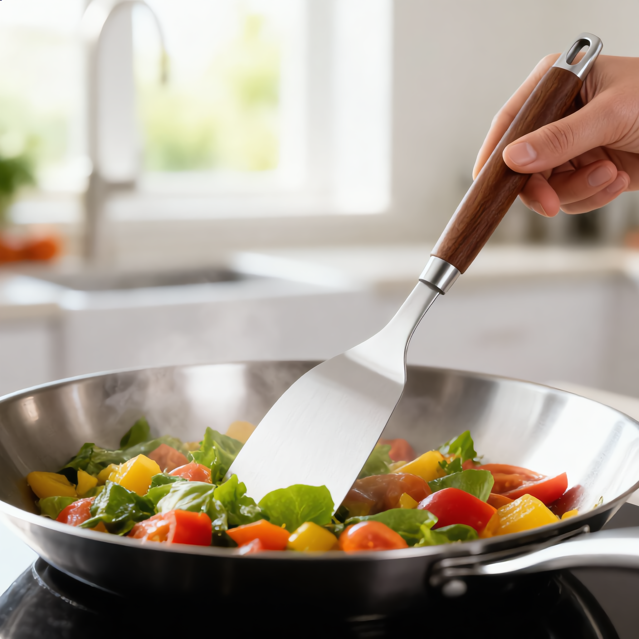 Using the steel wok spatula with rosewood handle to stir vegetables
