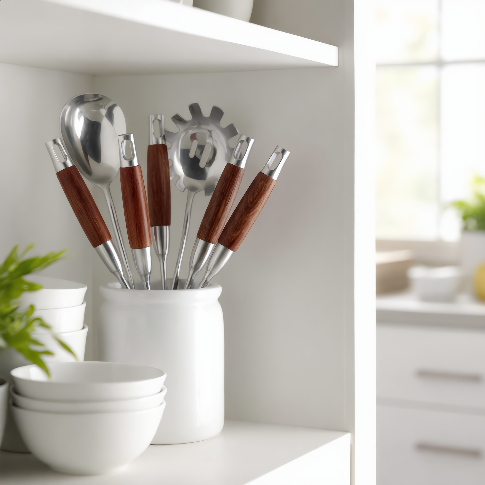 Steel and wood utensils in a crock on a bright kitchen shelf
