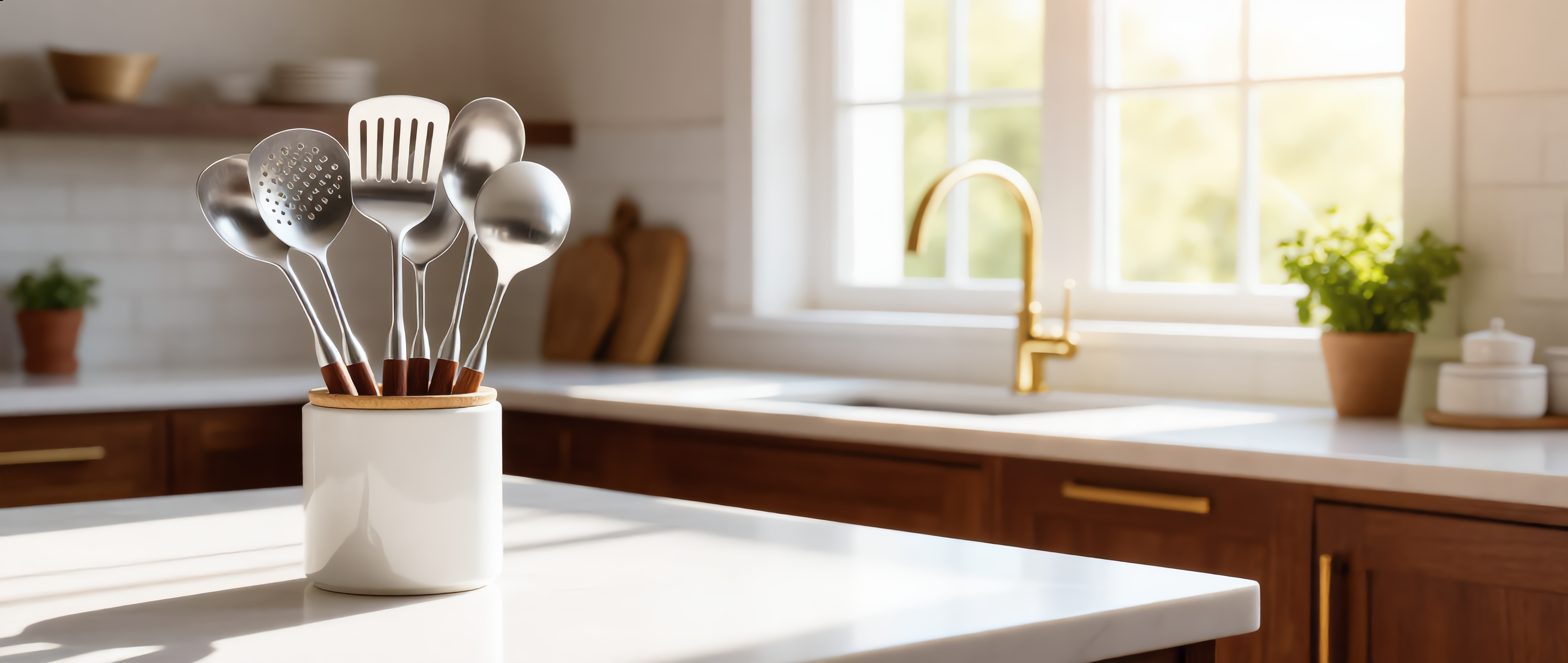 Eleganza steel and wood utensils in a crock in a bright modern kitchen