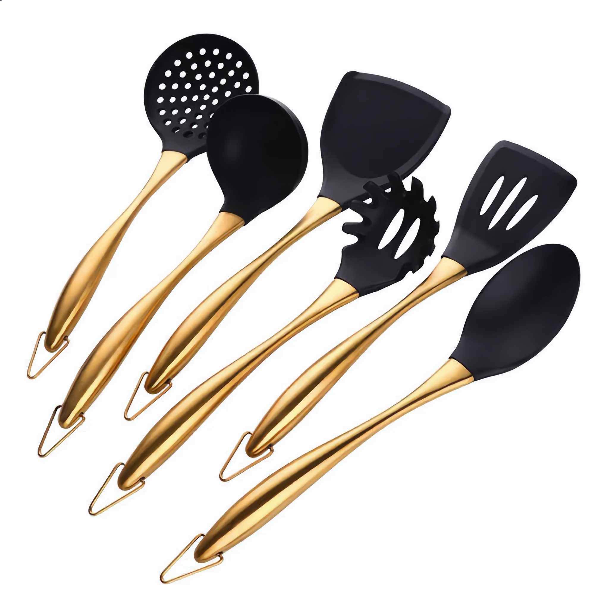 Lustro Non-Stick Utensil Set in gold stainless steel with black silicone heads, studio hero