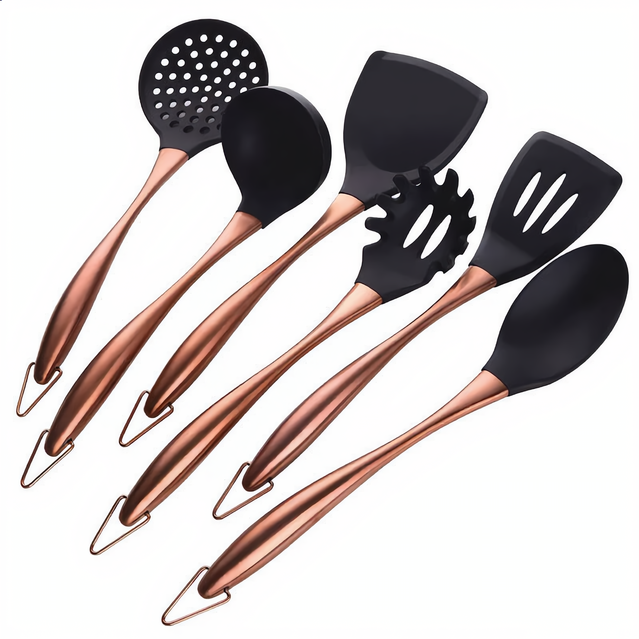 Lustro Non-Stick Utensil Set in rose gold stainless steel with black silicone heads, studio hero