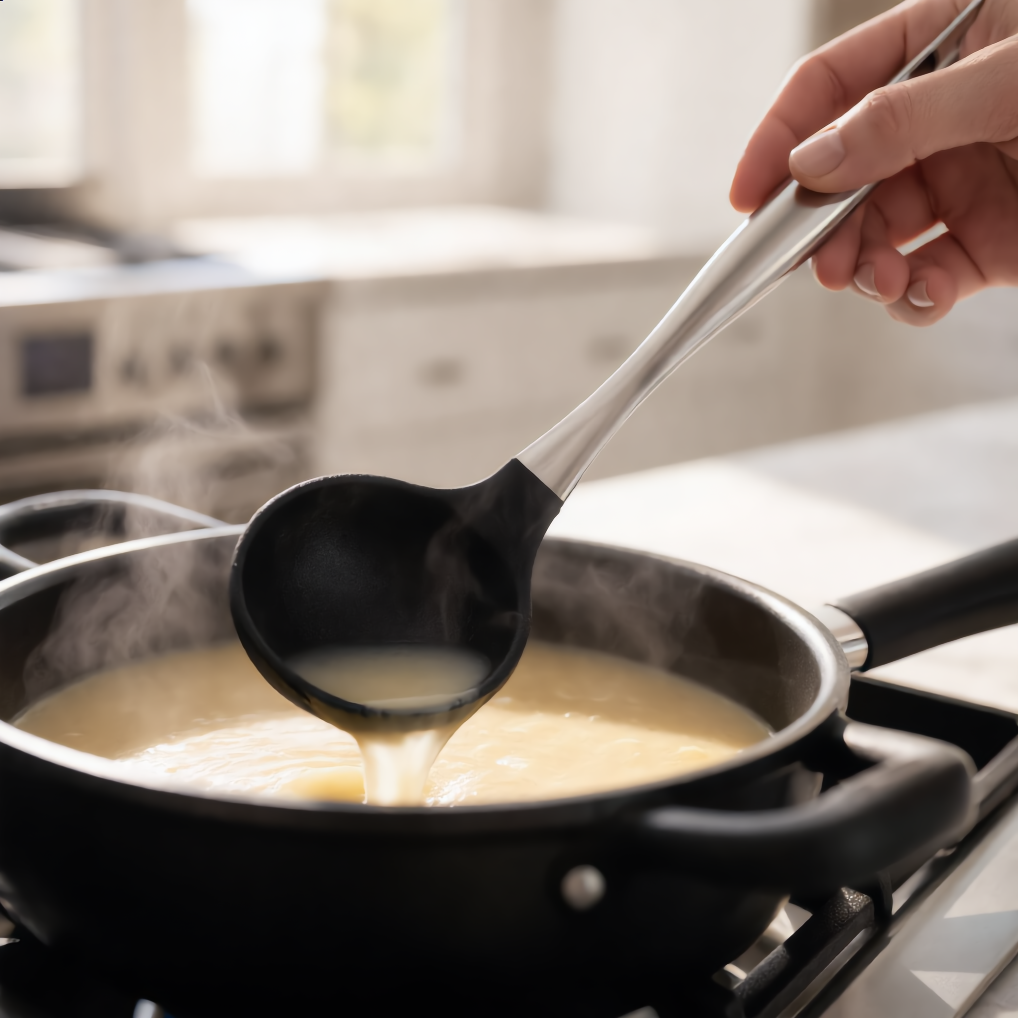 Silver Lustro ladle serving soup from a pot on the stove