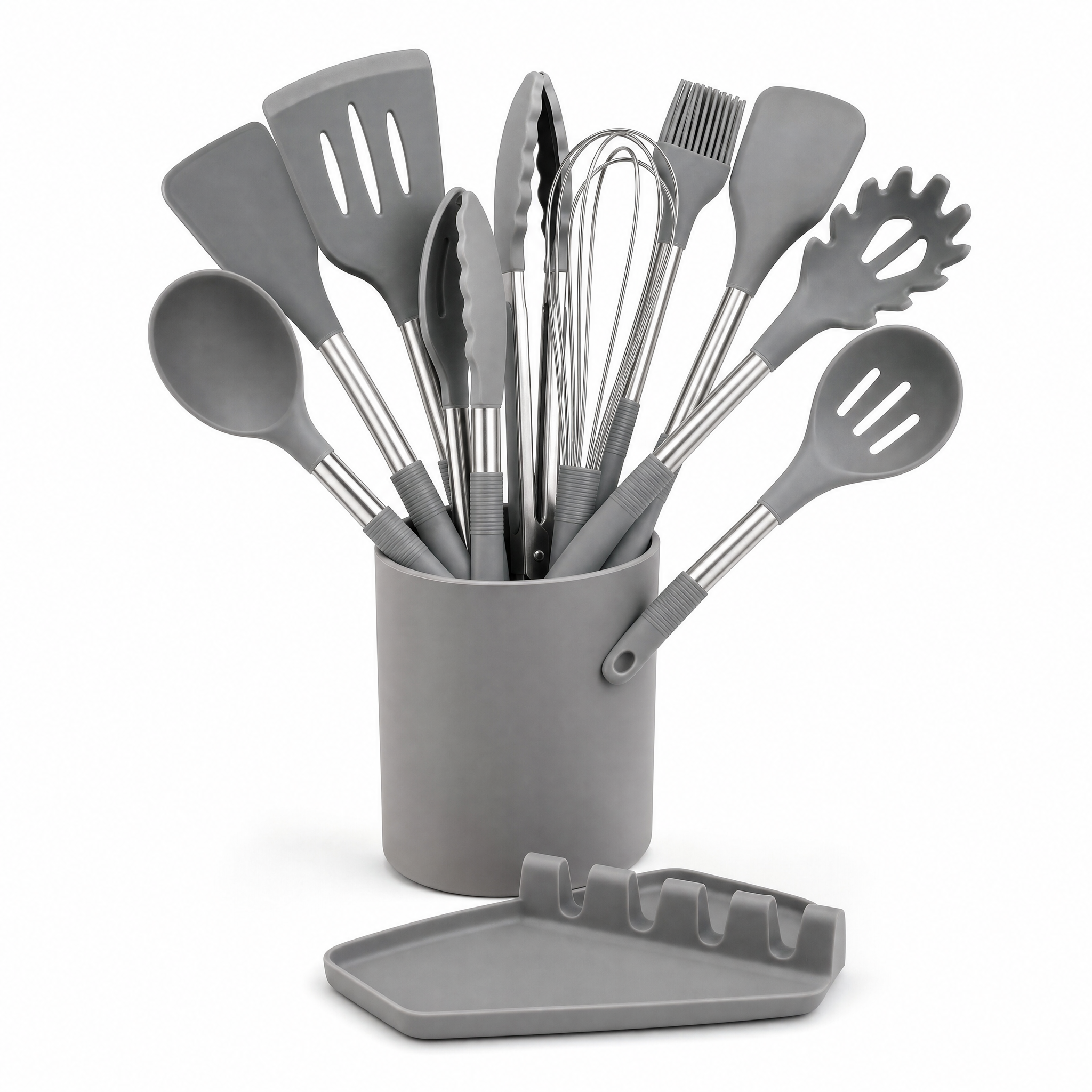 Nordica Silicone Utensil Set in gray with caddy and rest, studio hero