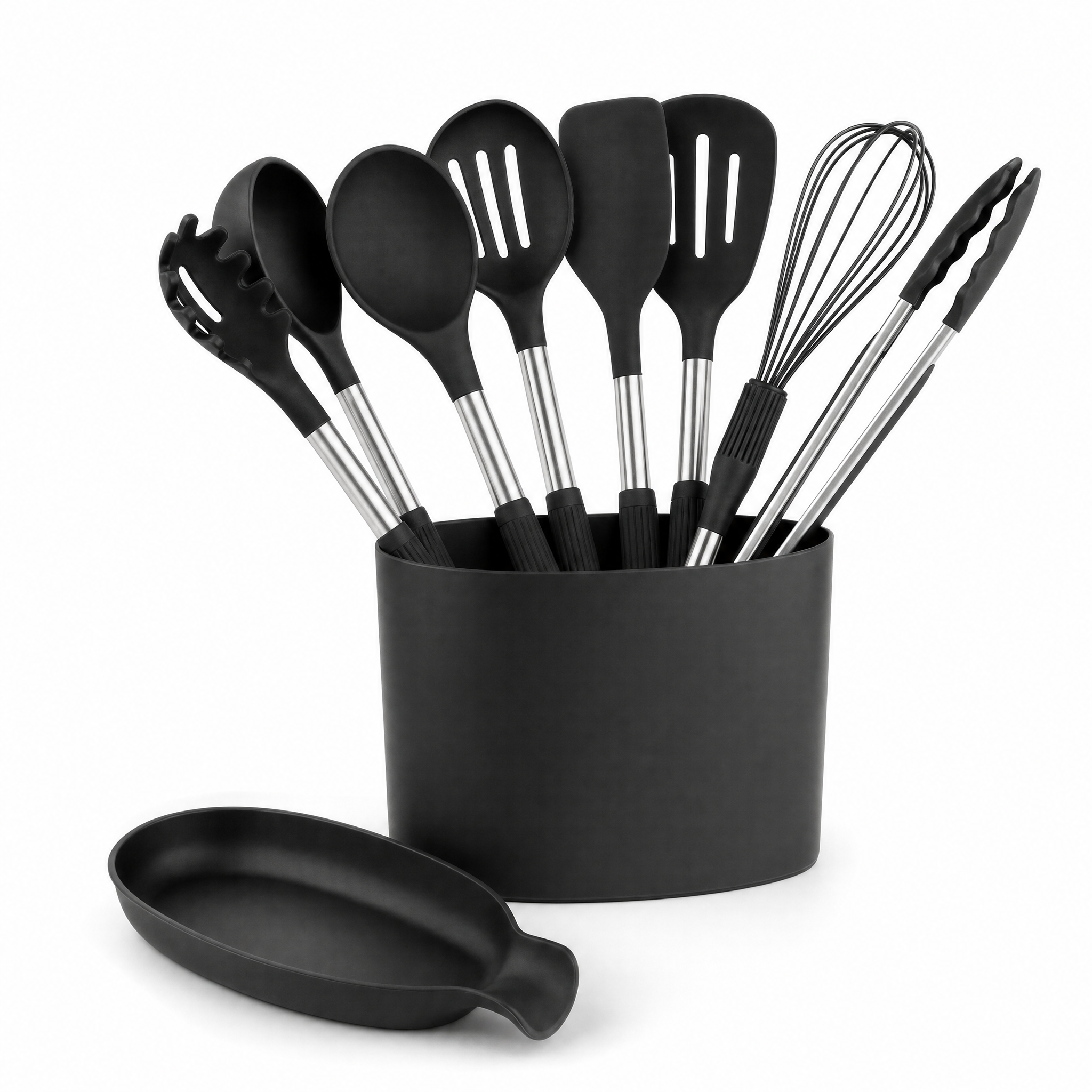 Nordica Silicone Utensil Set in black with caddy and rest, studio hero