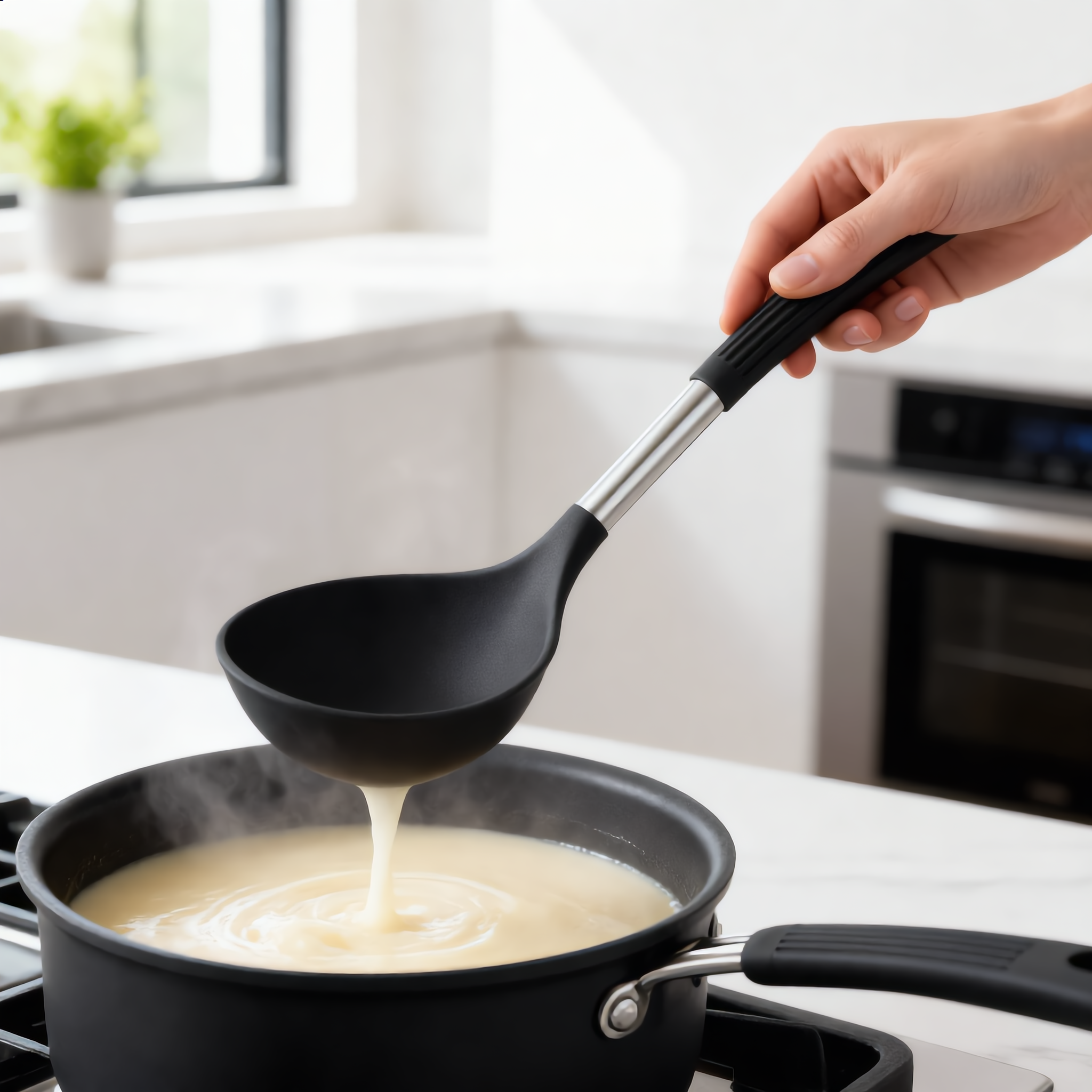 Black Nordica ladle serving soup from a pot on the stove