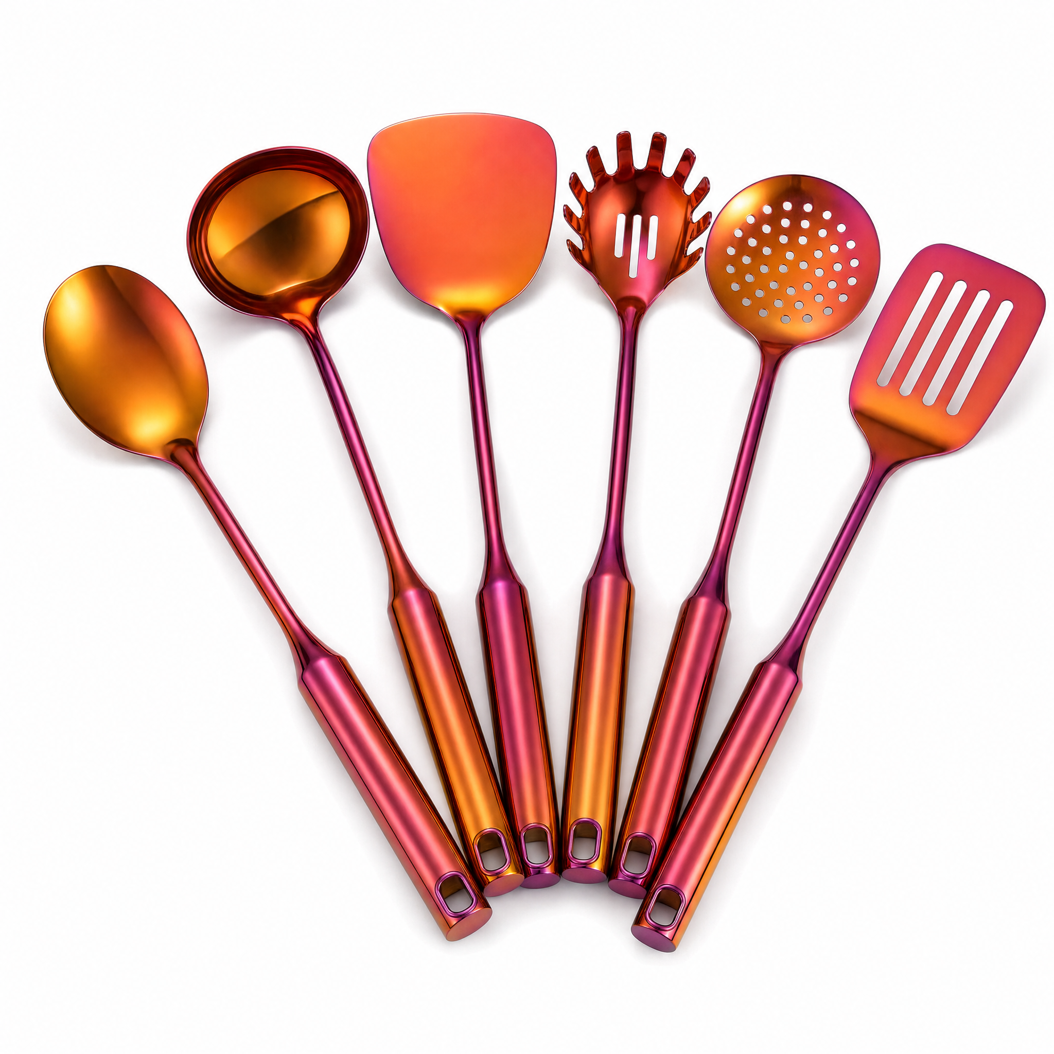 Aurora Steel Utensil Set in iridescent Rainbow Red, studio hero