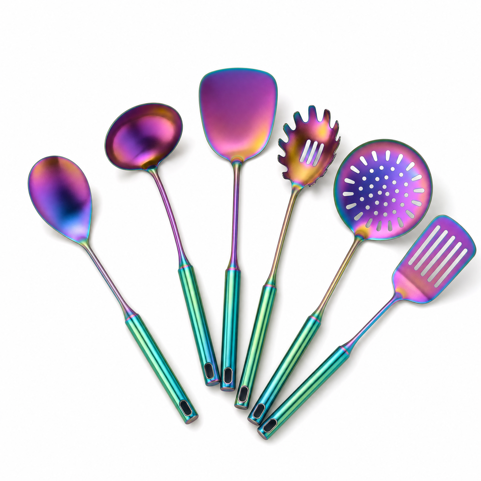 Aurora Steel Utensil Set in iridescent Rainbow Purple, studio hero
