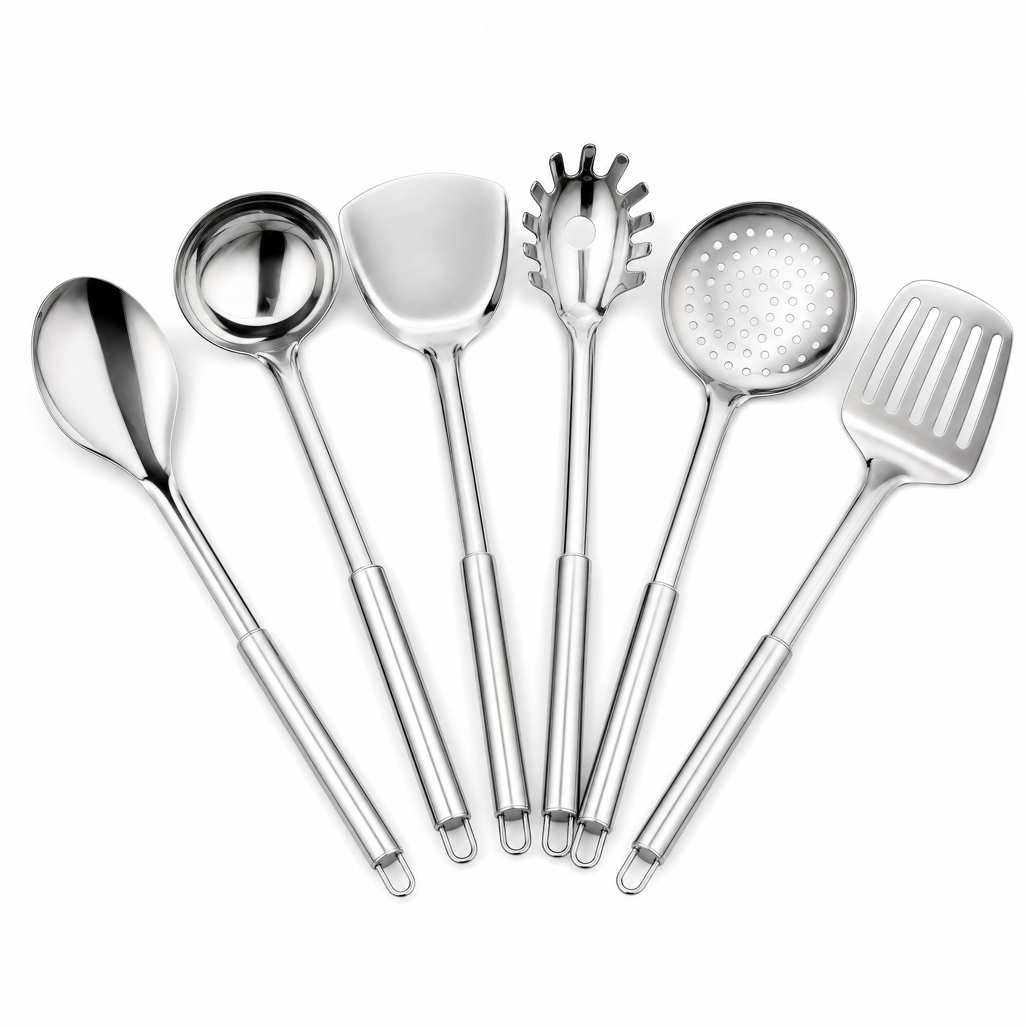 Aurora Steel Utensil Set in Silver mirror stainless steel, studio hero