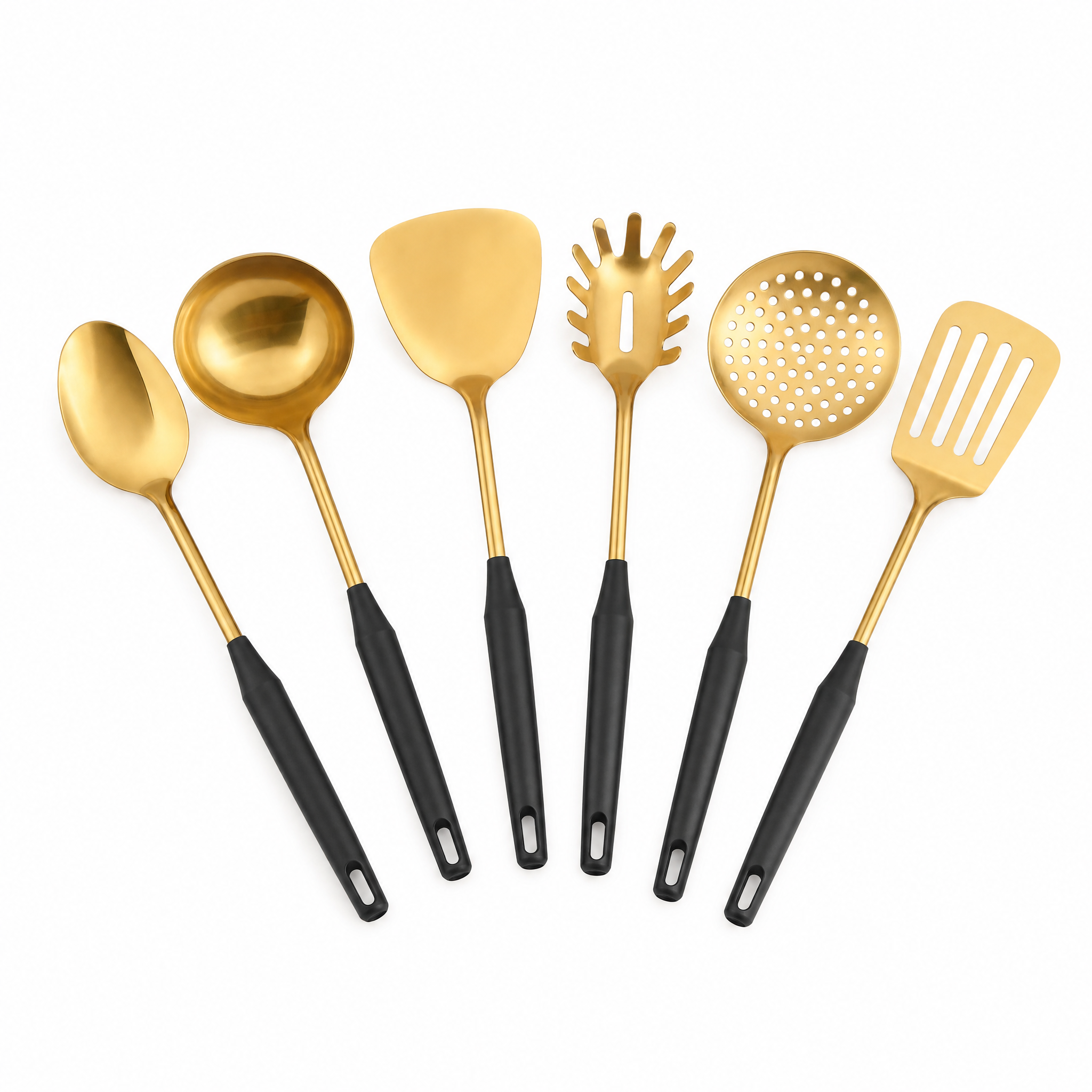Aurora Steel Utensil Set in Black Gold with black handles and gold heads, studio hero