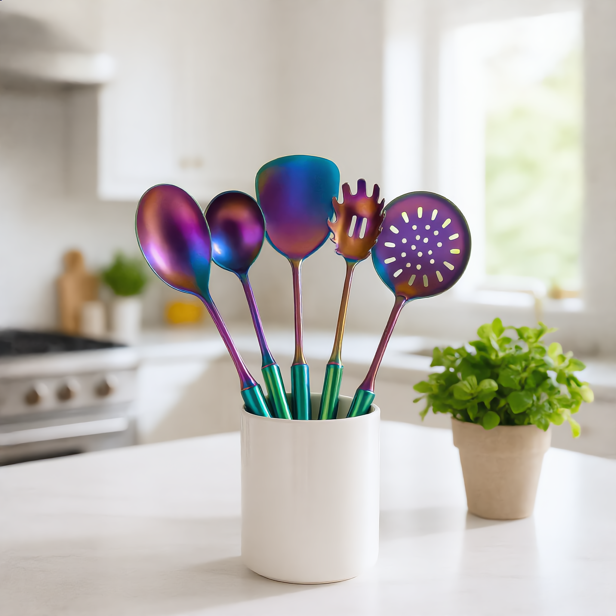 Rainbow Purple Aurora set in a white crock on a bright marble counter