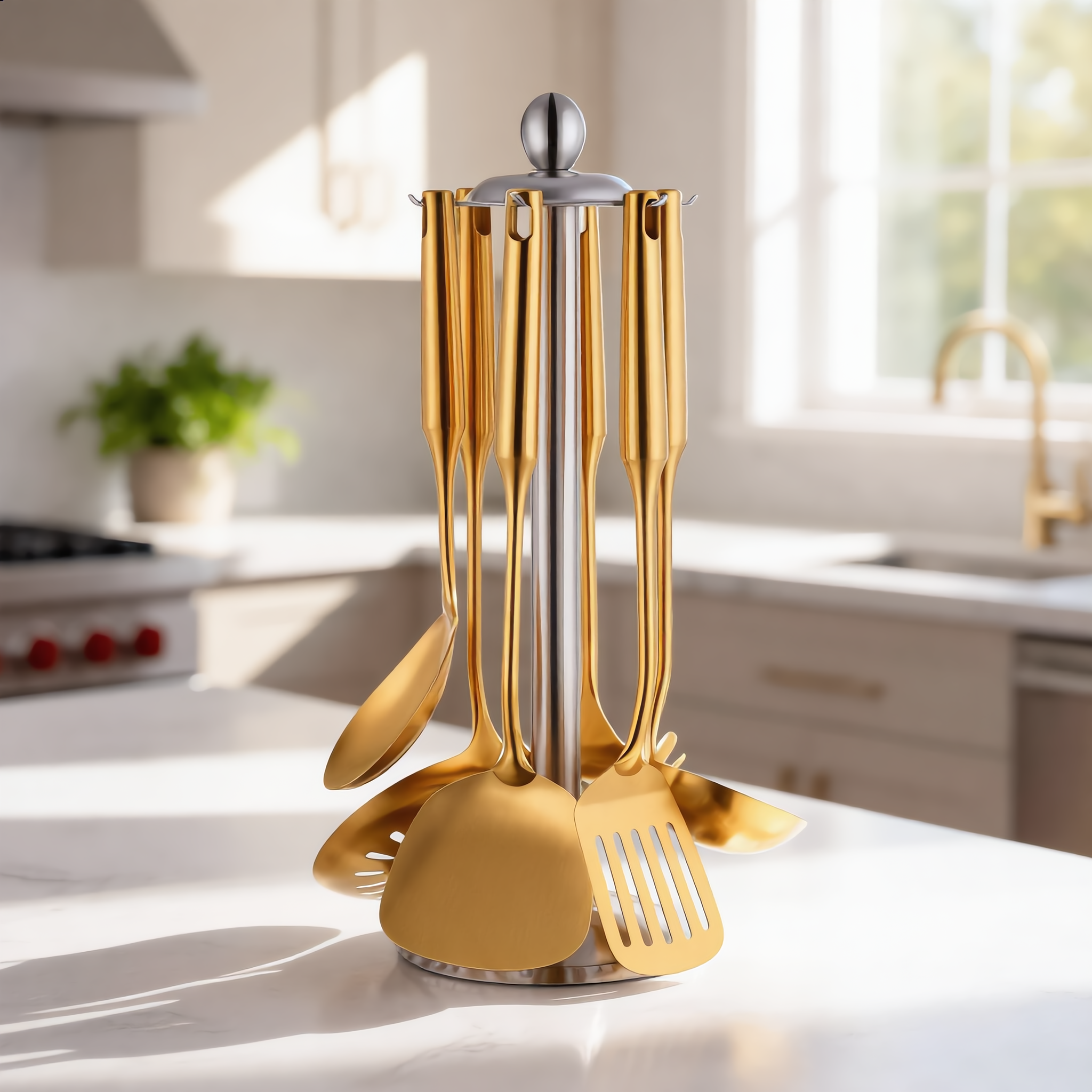 Gold Aurora set on its steel stand in a warm bright kitchen