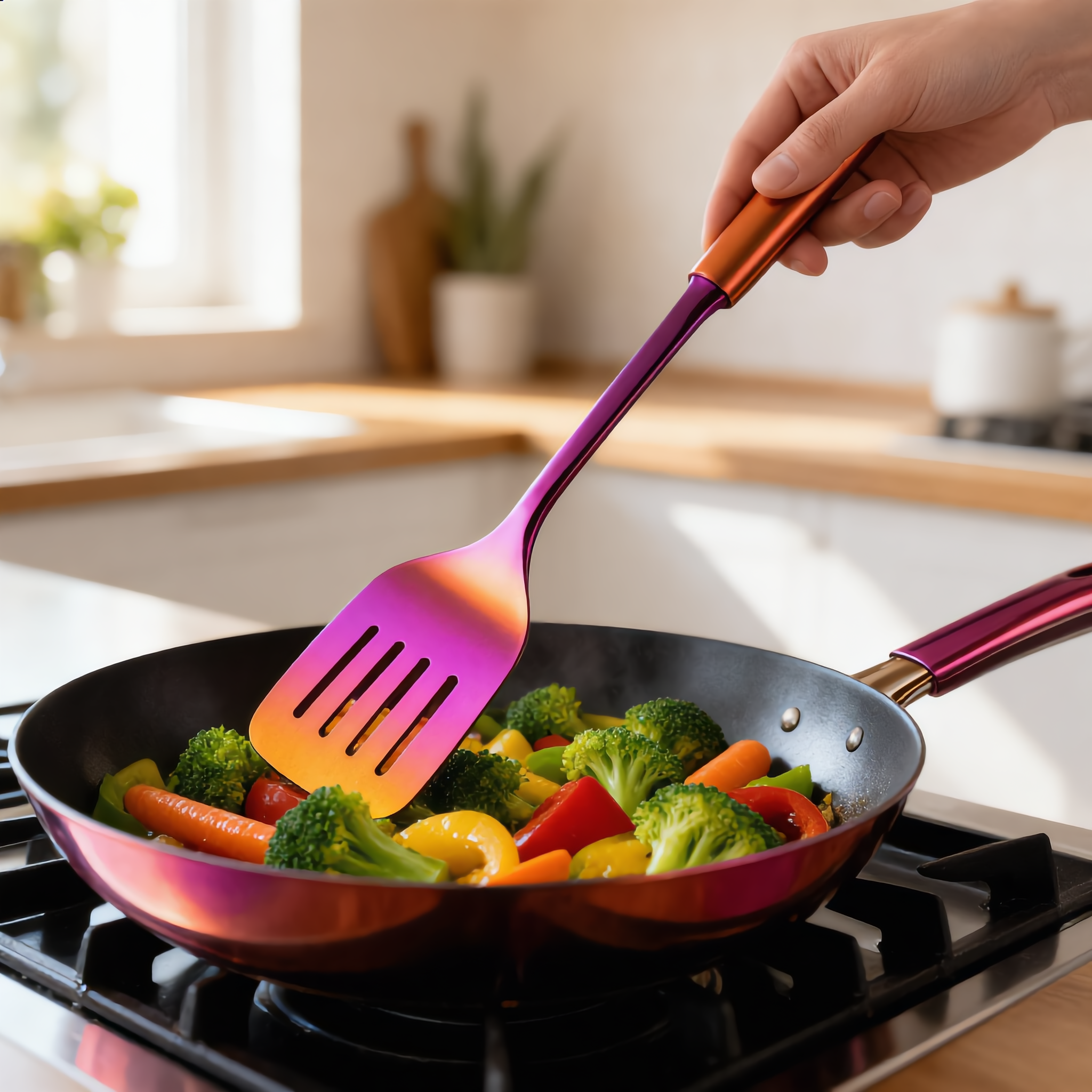 Rainbow Red Aurora slotted turner stirring vegetables in a pan