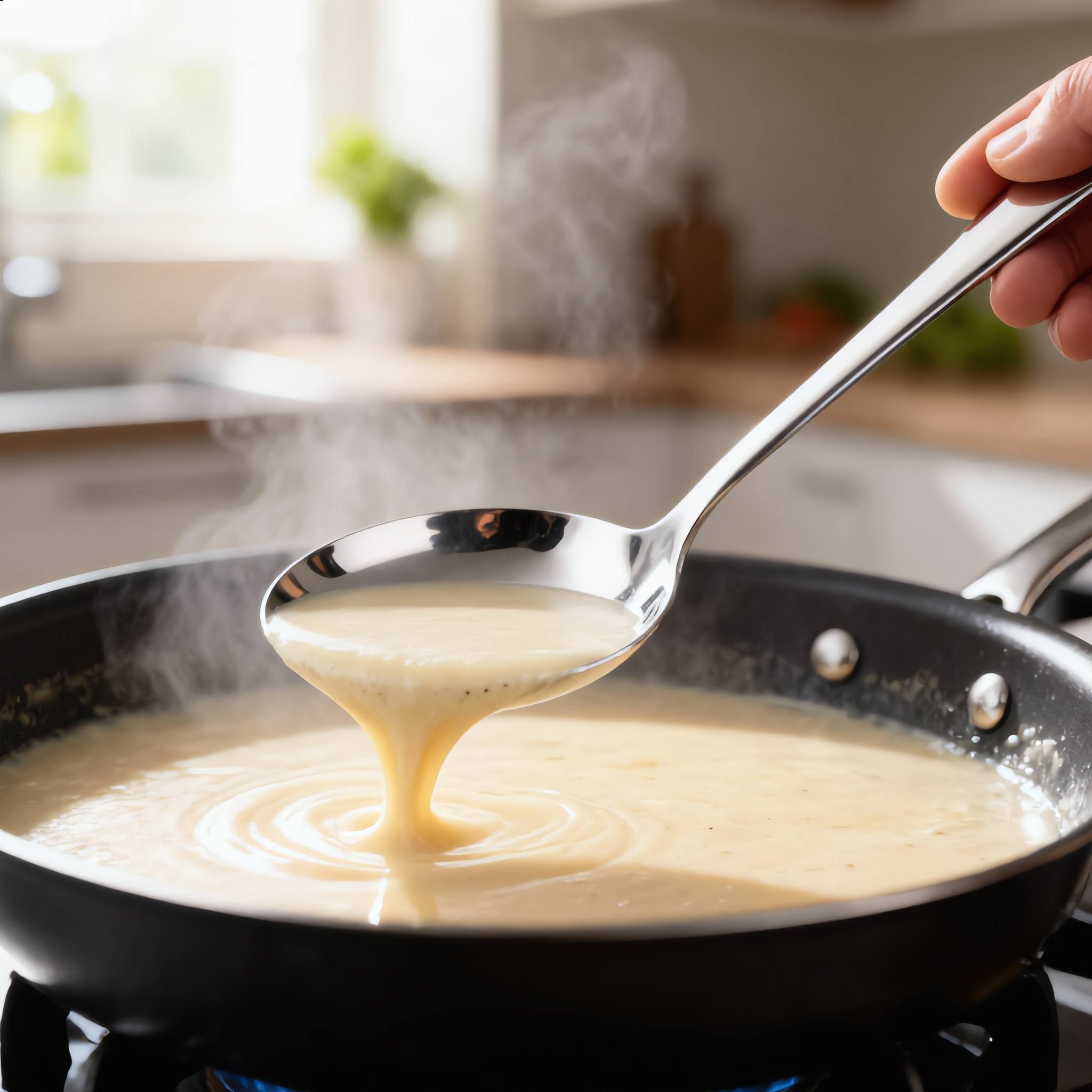 Silver Aurora ladle serving soup from a pot on the stove