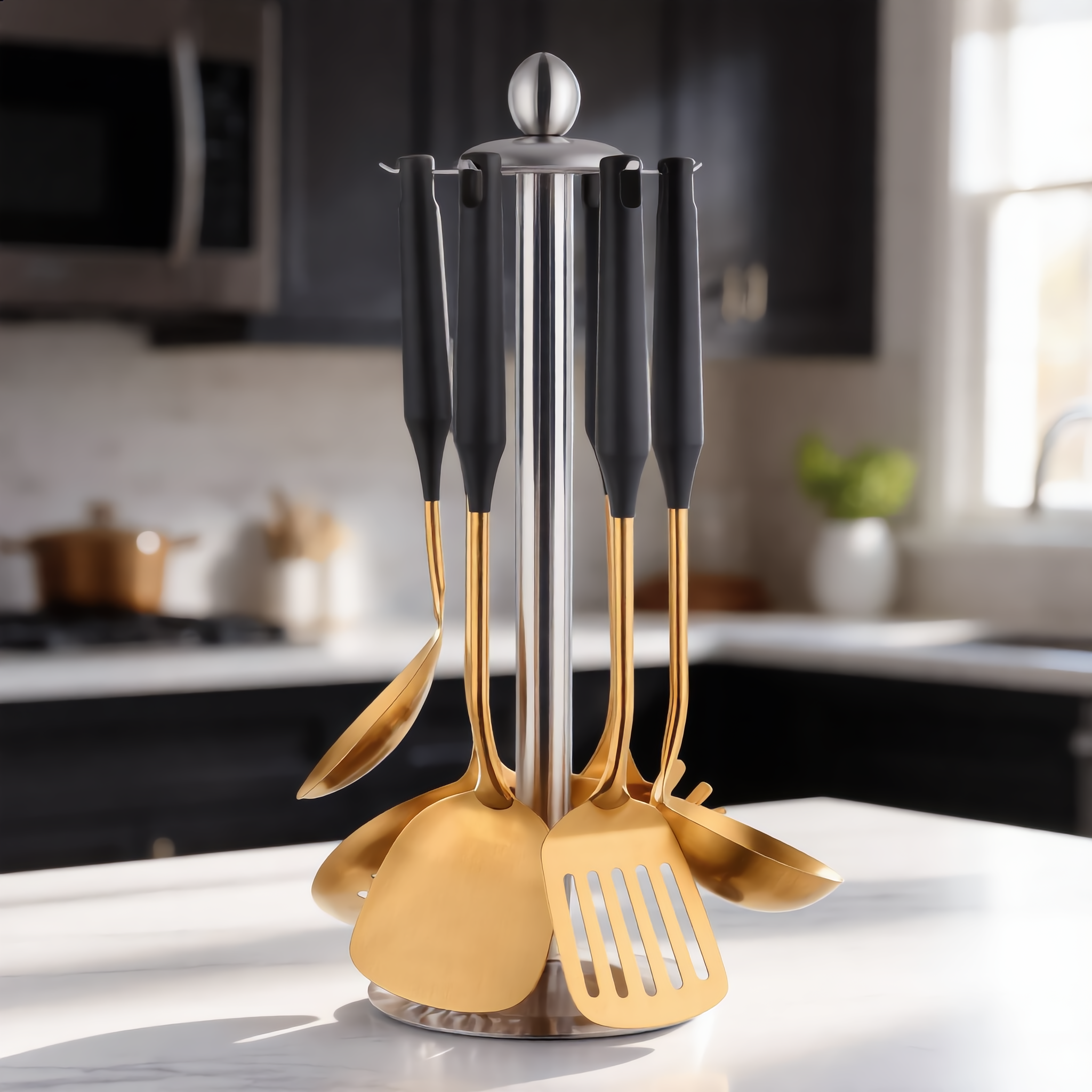 Black Gold Aurora set on its steel stand in a sleek modern kitchen