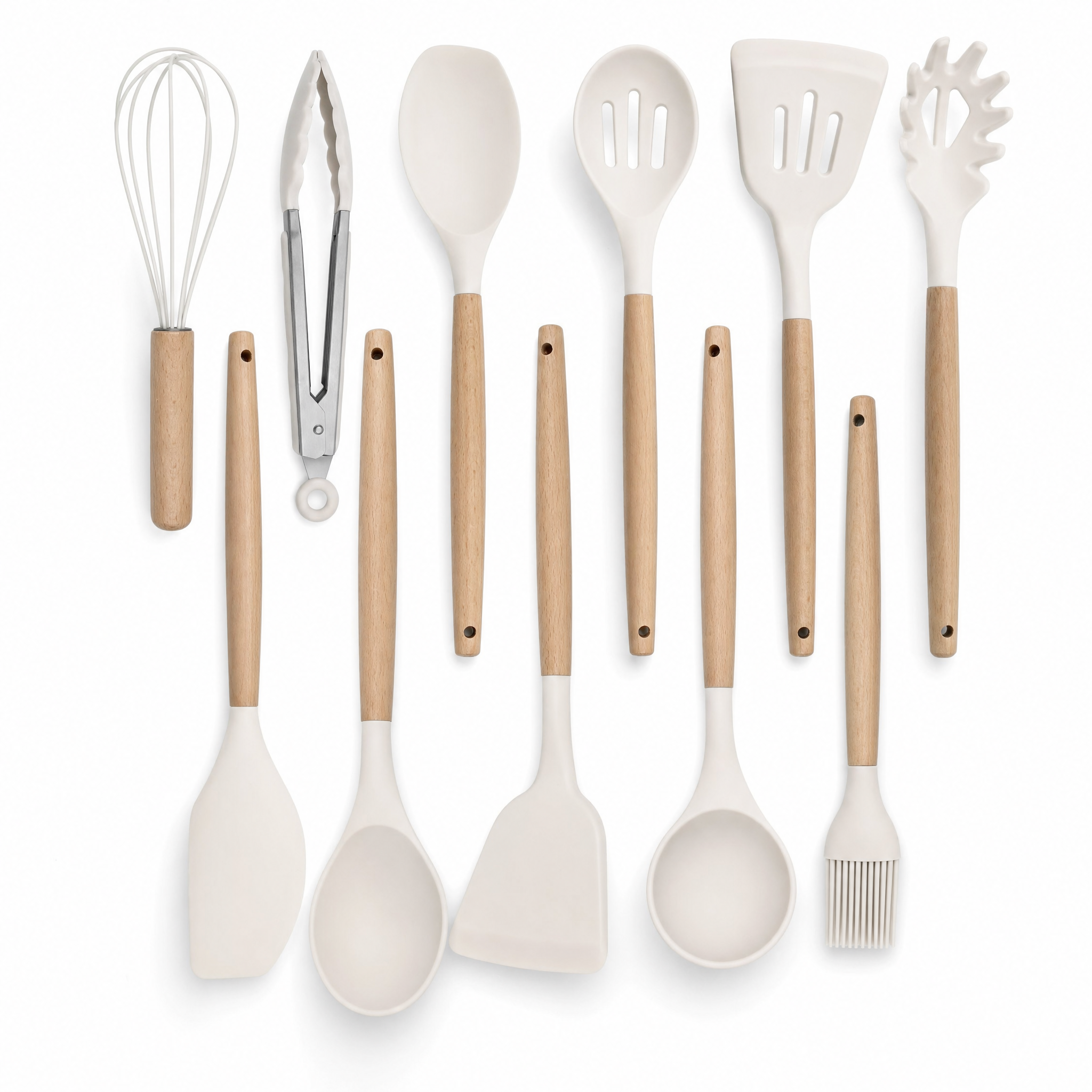 Morbido Silicone Utensil Set in White with wooden handles, studio hero