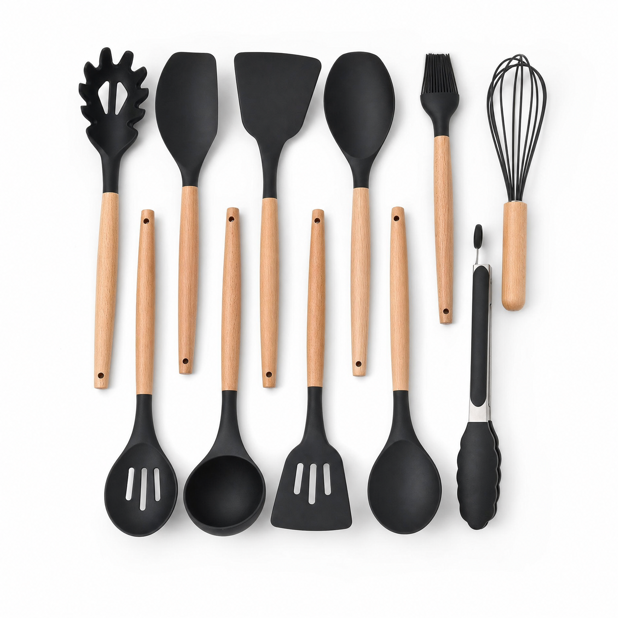 Morbido Silicone Utensil Set in Black with wooden handles, studio hero