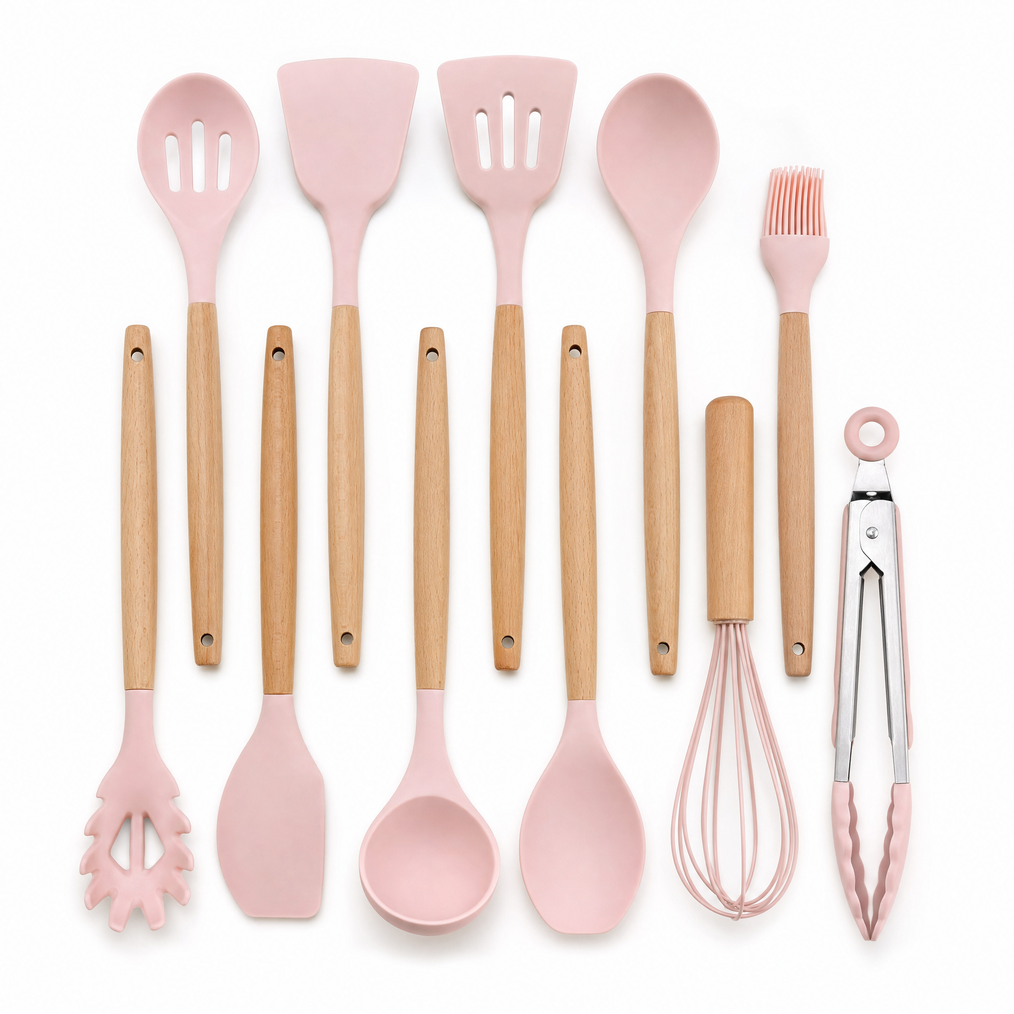 Morbido Silicone Utensil Set in Rose pink with wooden handles, studio hero