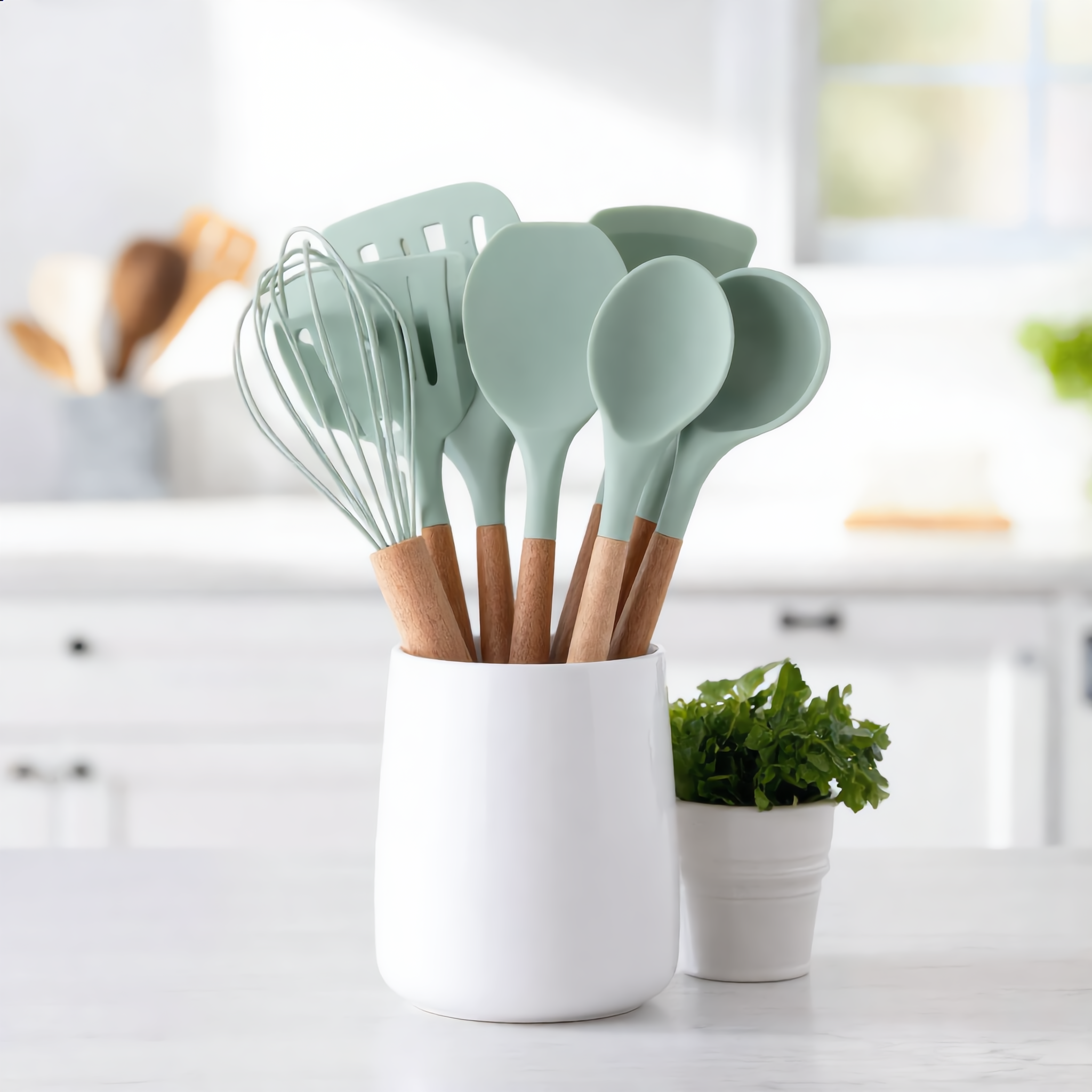 Mint Morbido set in a white crock on a bright marble counter