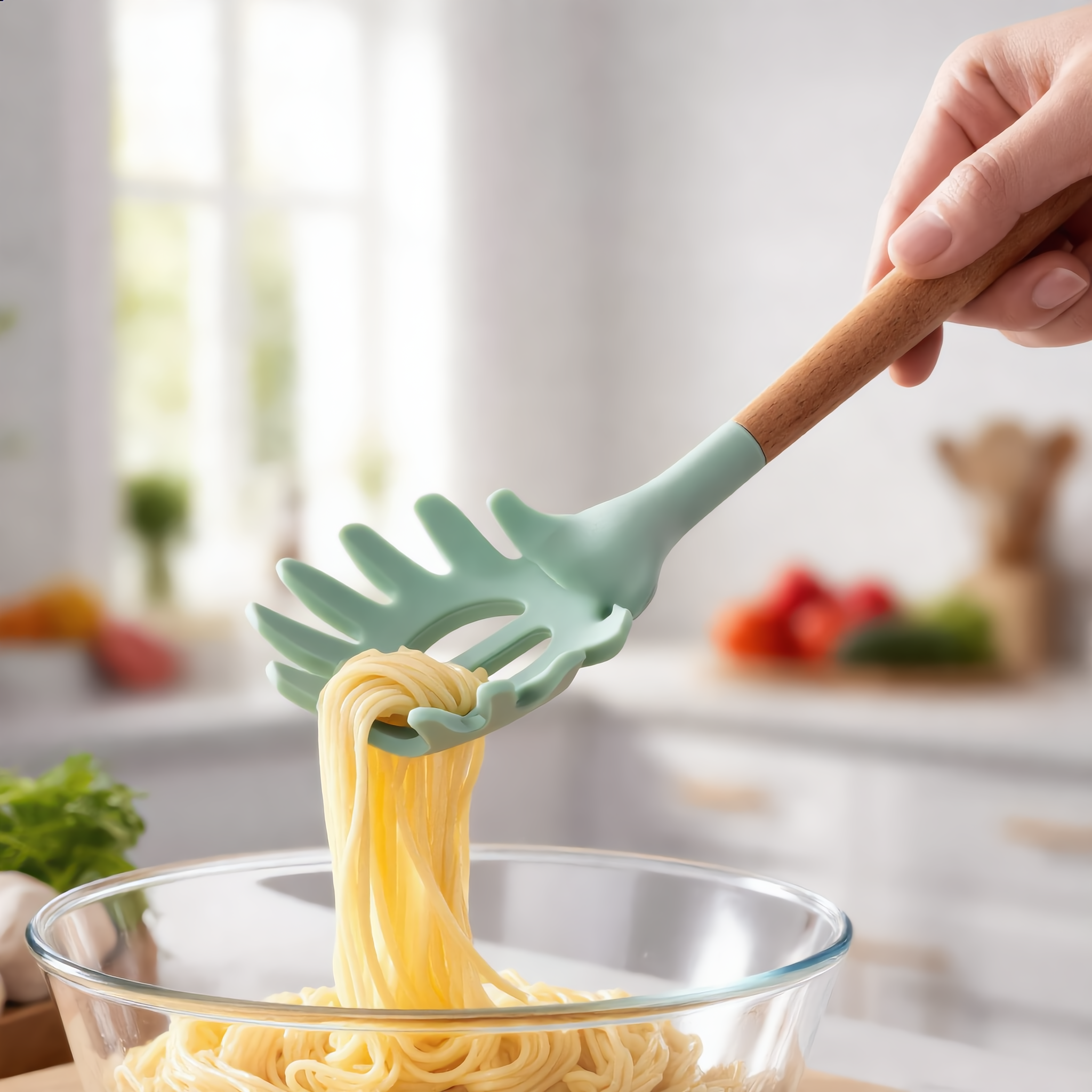 Mint Morbido pasta server lifting spaghetti from a bowl