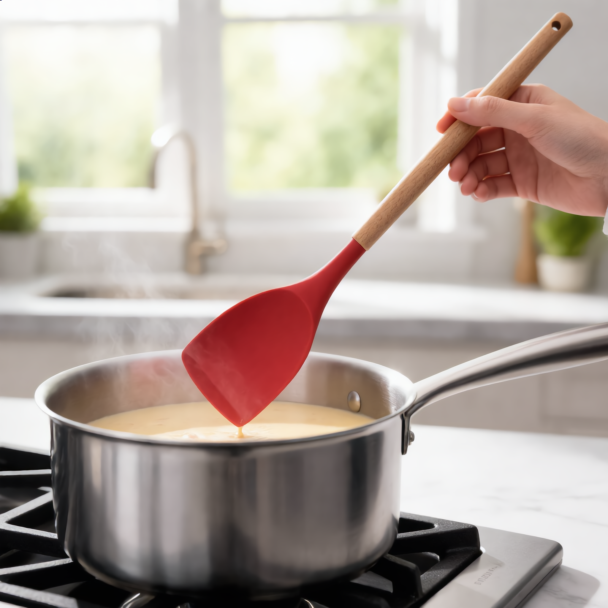 Red Morbido utensil cooking sauce in a pot on the stove