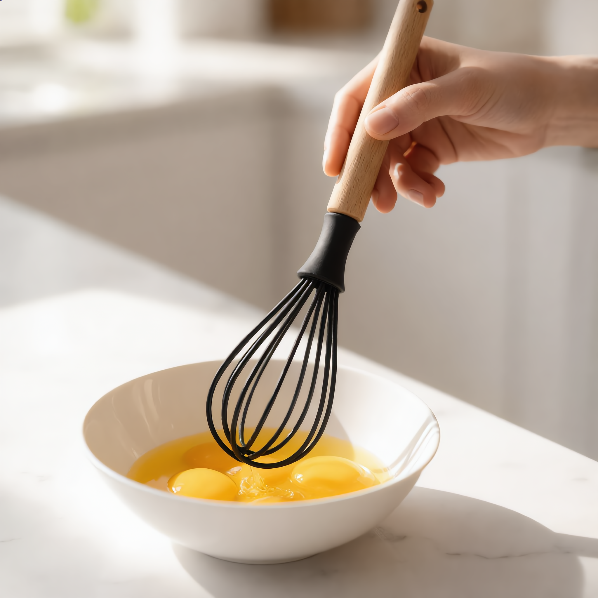 Black Morbido balloon whisk whisking eggs in a white bowl