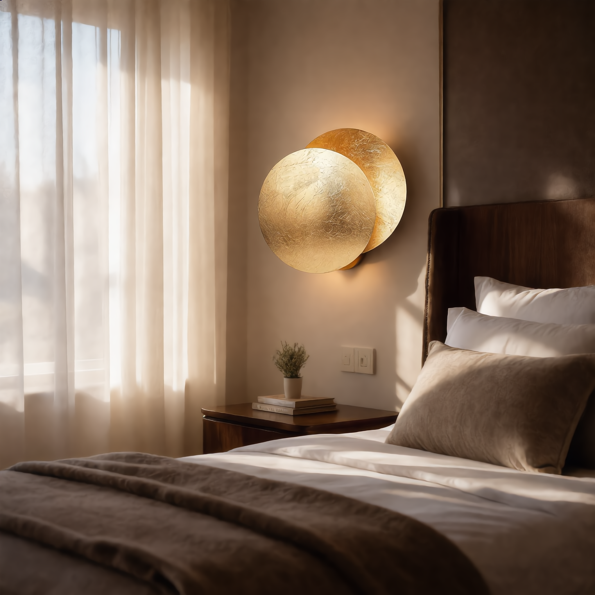 Eclissi wall sconce above a bright bedroom nightstand