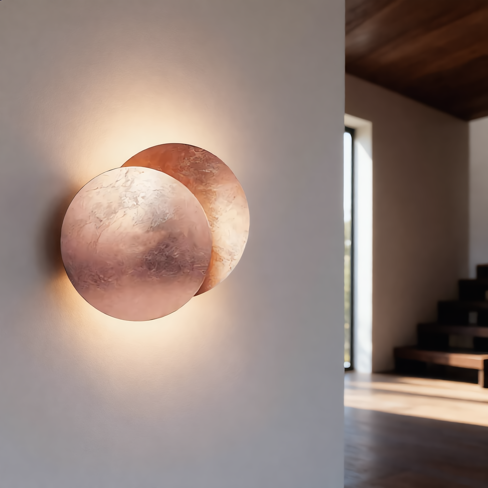 Eclissi Rose Gold wall sconce on a bright daylit stairwell wall