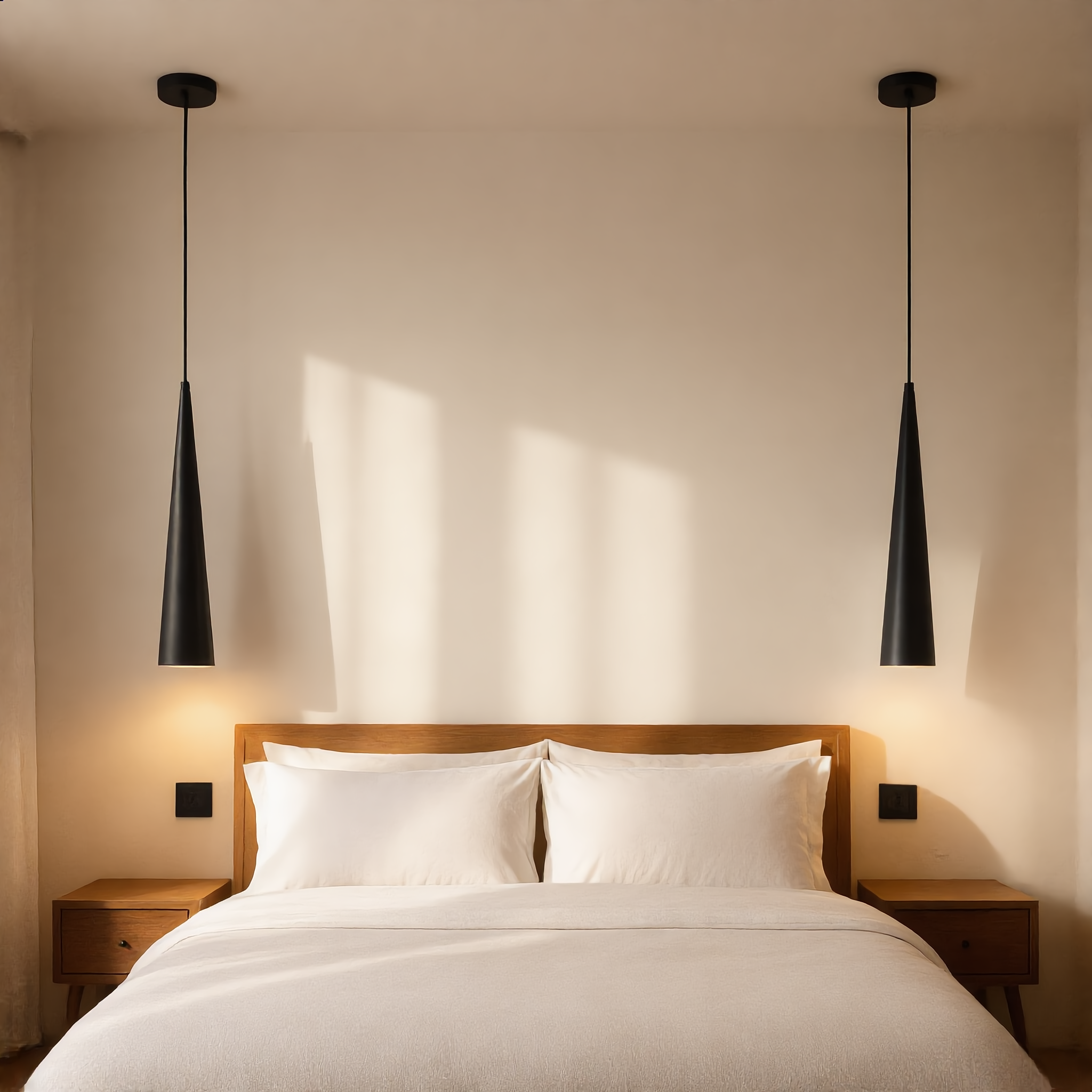 Cometa black cone pendants flanking a bed in a bright bedroom